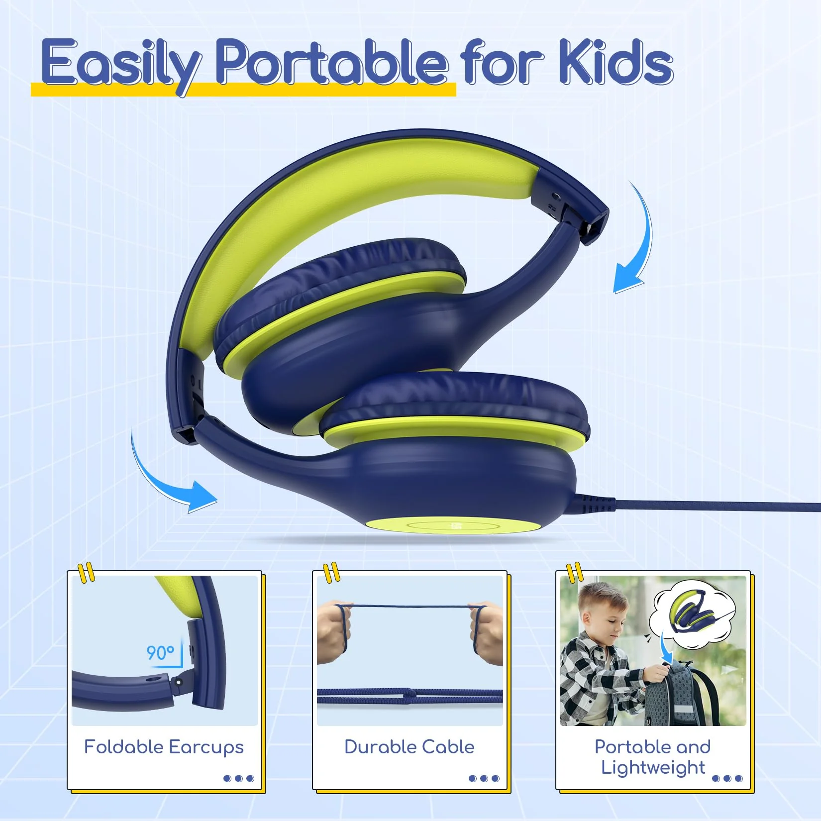 EarFun Kids Headphones Wired with Microphone, 85/94dB Volume Limit Headphones for Kids, Portable Wired Headphone with Shareport, Stereo Sound Foldable Headset for School/Tablet/iPad, Blue Lemon Plug 3.5mm - Image 7