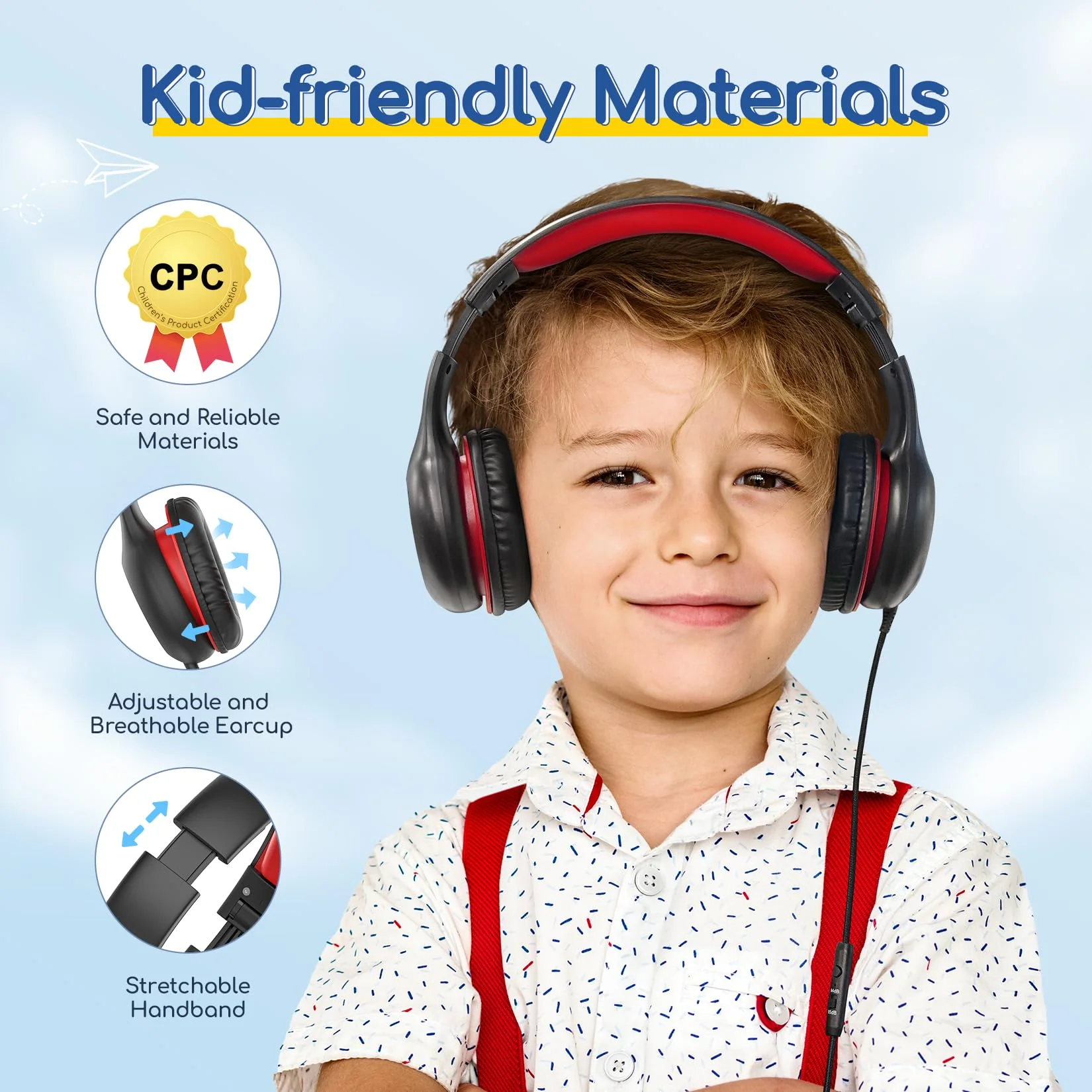 EarFun Kids Headphones Wired with Microphone, 85/94dB Volume Limit Portable Headphones for Kids with Shareport, Stereo Sound Foldable Headset for School/Tablet/iPad/Kindle, Black Red Plug 3.5mm - Image 4