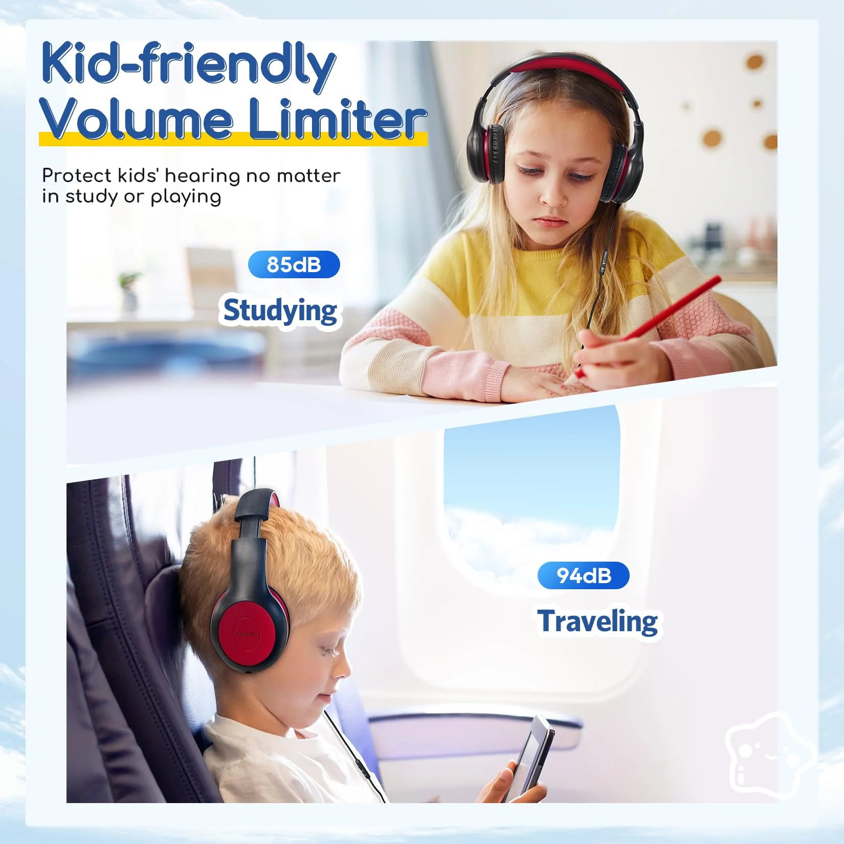 EarFun Kids Headphones Wired with Microphone, 85/94dB Volume Limit Portable Headphones for Kids with Shareport, Stereo Sound Foldable Headset for School/Tablet/iPad/Kindle, Black Red Plug 3.5mm - Image 5