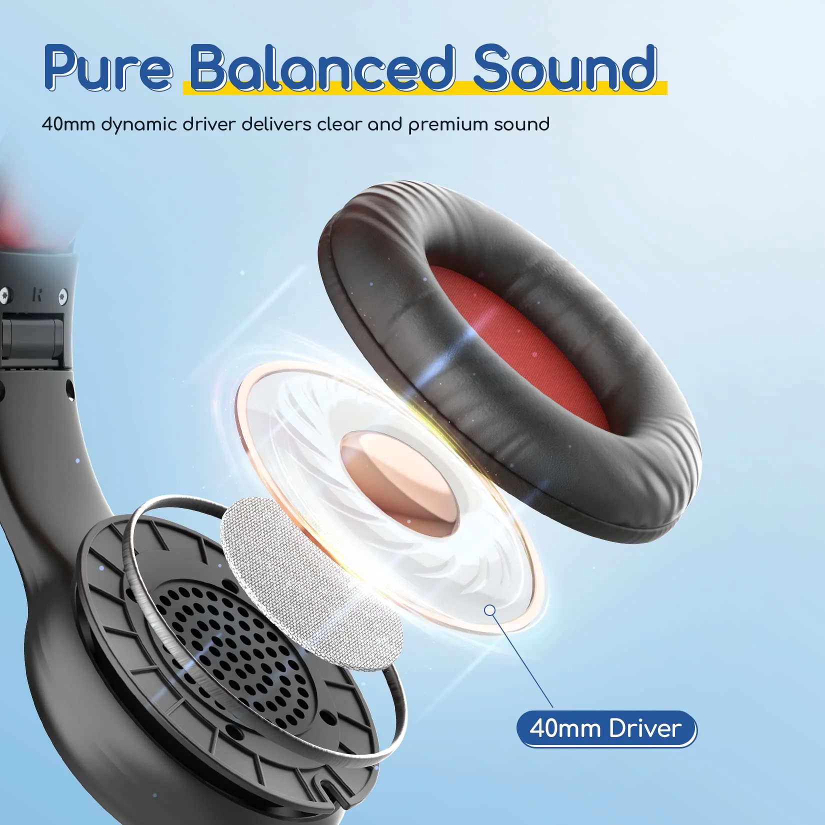 EarFun Kids Headphones Wired with Microphone, 85/94dB Volume Limit Portable Headphones for Kids with Shareport, Stereo Sound Foldable Headset for School/Tablet/iPad/Kindle, Black Red Plug 3.5mm - Image 6