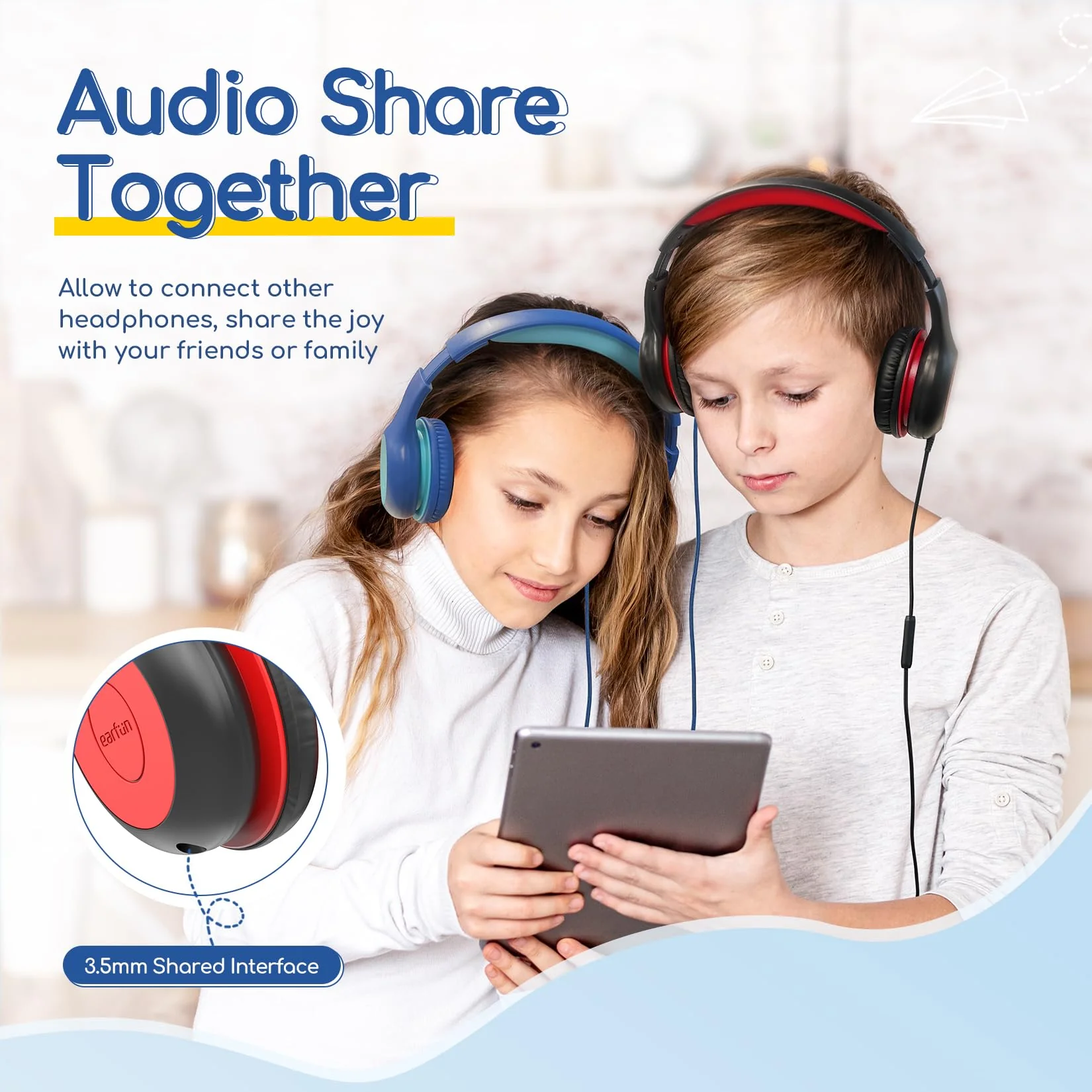 EarFun Kids Headphones Wired with Microphone, 85/94dB Volume Limit Portable Headphones for Kids with Shareport, Stereo Sound Foldable Headset for School/Tablet/iPad/Kindle, Black Red Plug 3.5mm - Image 7