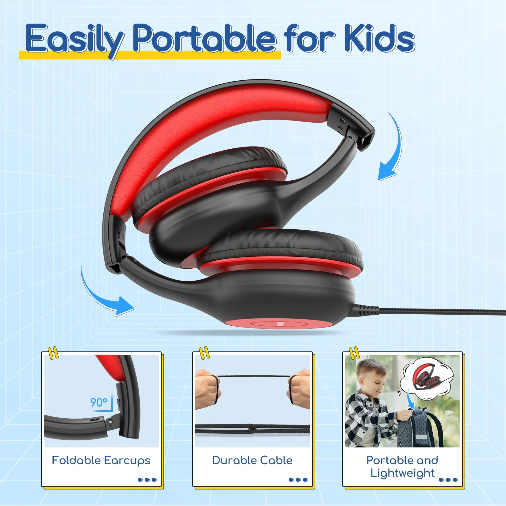 EarFun Kids Headphones Wired with Microphone, 85/94dB Volume Limit Portable Headphones for Kids with Shareport, Stereo Sound Foldable Headset for School/Tablet/iPad/Kindle, Black Red Plug 3.5mm - Image 8