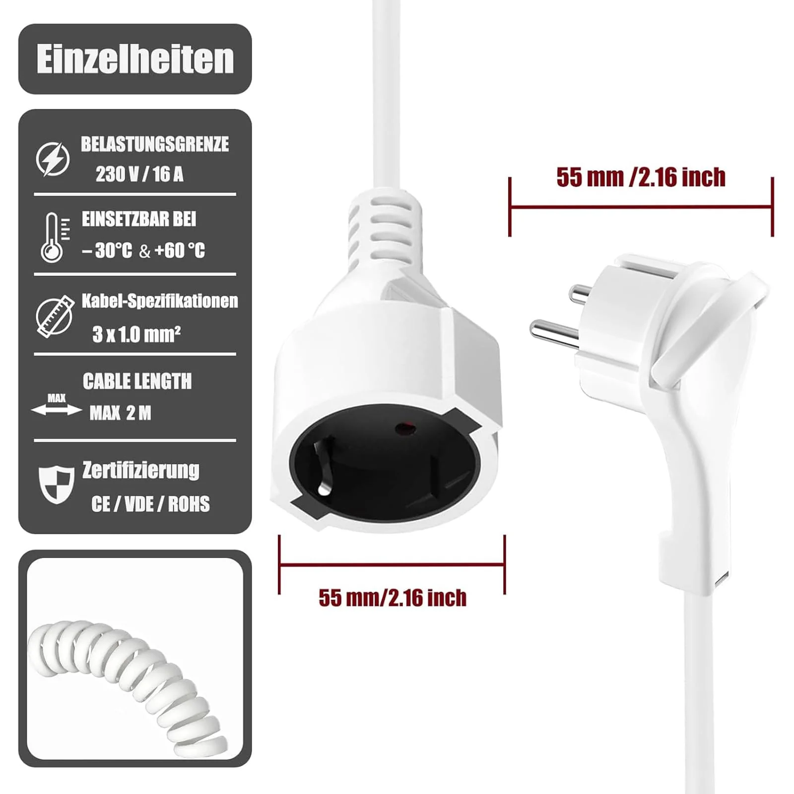 Earthing Contact Spiral Extension, 0.8 m to 2 m Stretchable Spiral Cable with Flat Plug and Earthing Contact Coupling, (230 V/16 A) PVC Extension Cable, IP20, White WS 2M LG - Image 5