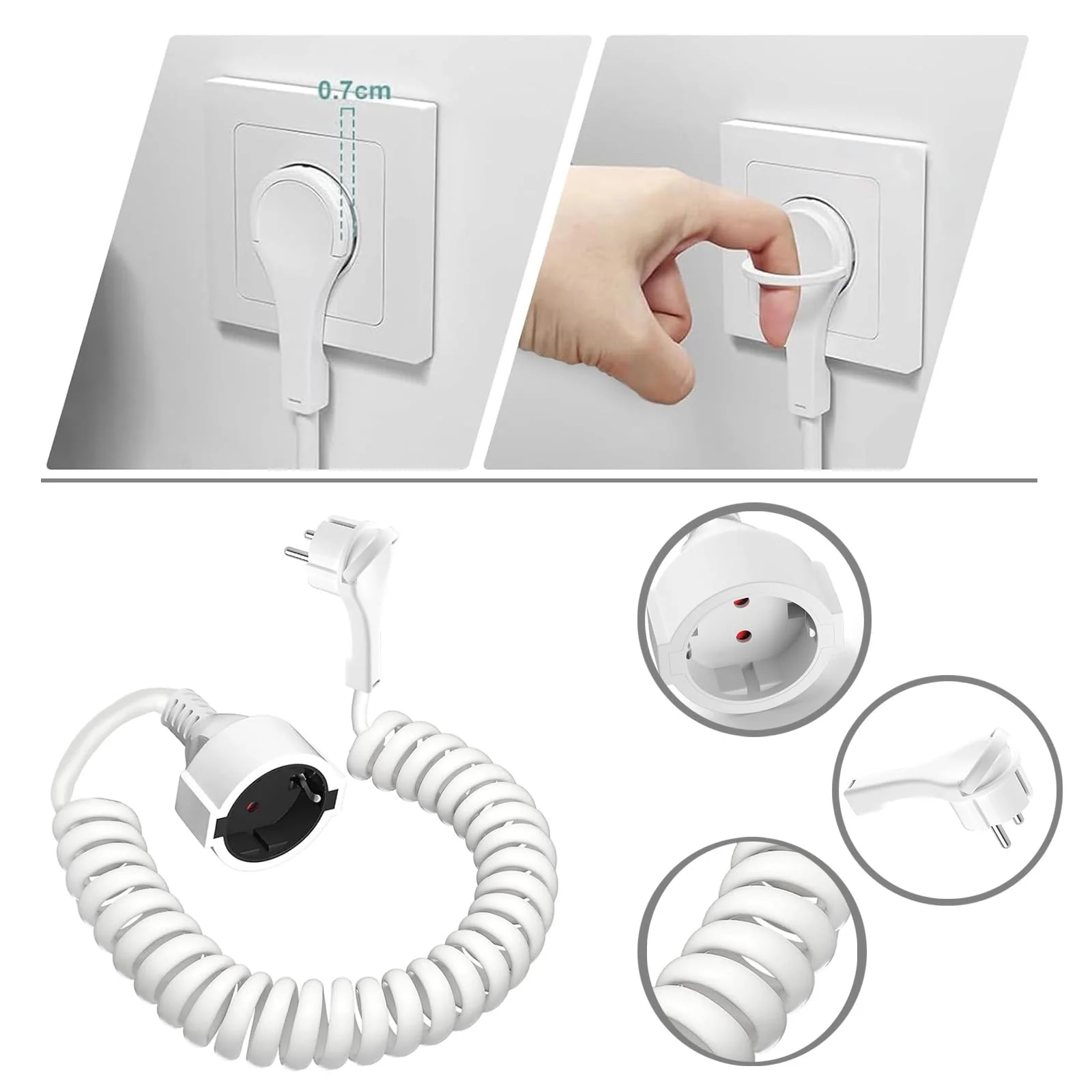 Earthing Contact Spiral Extension, 0.8 m to 2 m Stretchable Spiral Cable with Flat Plug and Earthing Contact Coupling, (230 V/16 A) PVC Extension Cable, IP20, White WS 2M LG - Image 6