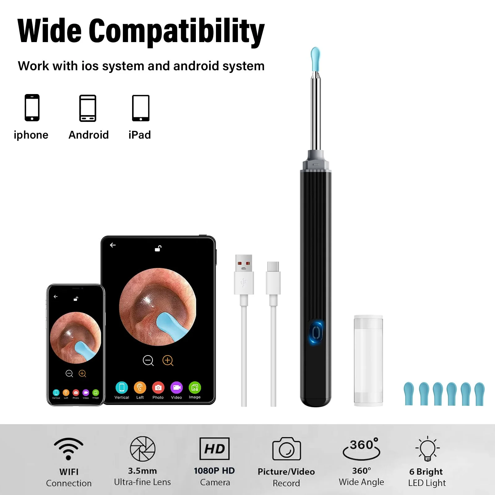 Earwax Remover Otoscope, Morelax 1080P WiFi Ear Cleaner, IP67 Waterproof with 360° Camera, Ear Endoscope with 6 LEDs for iPhone, Android, iPad, Adults, Children and Pets (Black) Black - Image 3