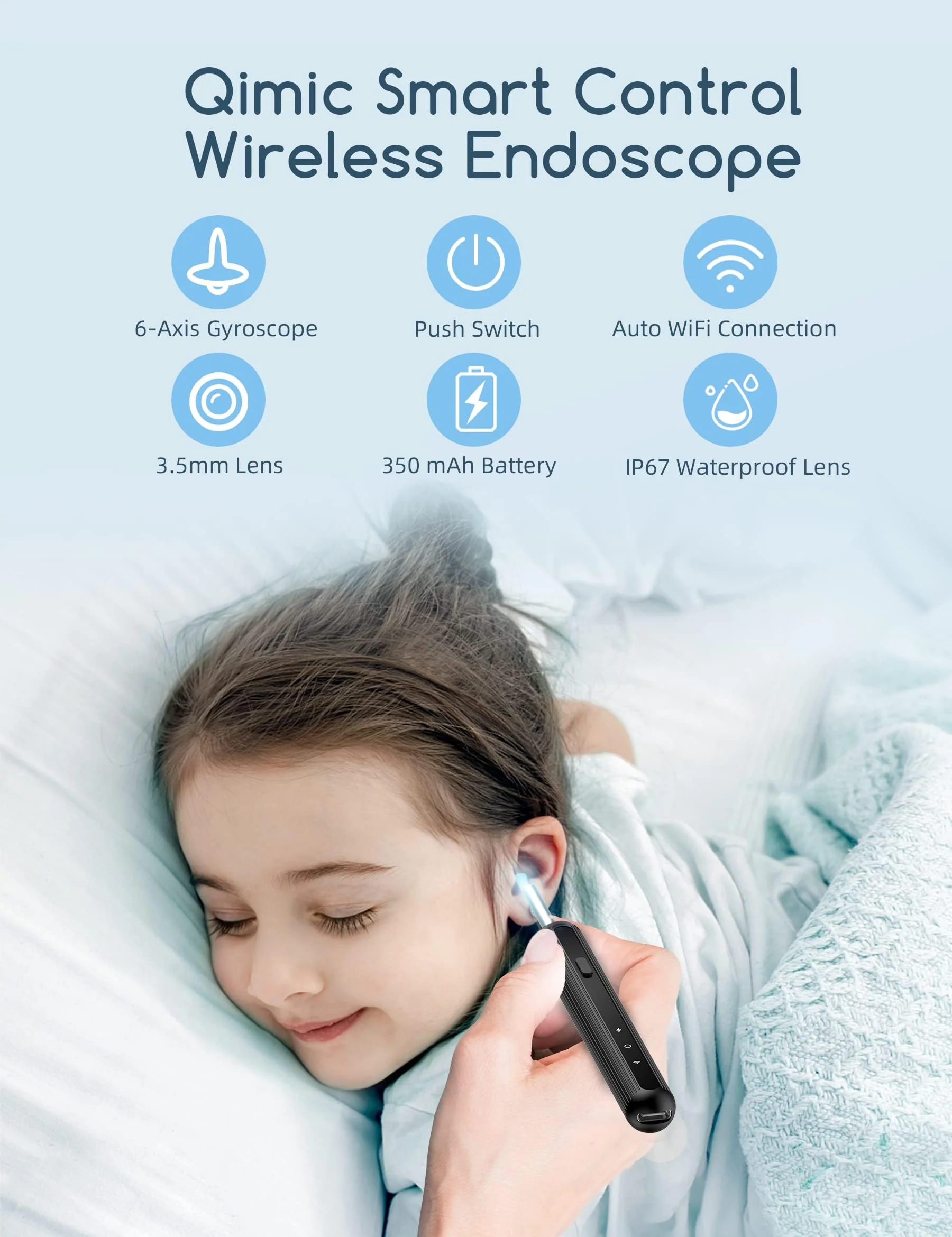 Earwax Remover Otoscope, Qimic WiFi Ear Cleaner, 1080P Ultra Thin HD Wireless Waterproof Ear Mirror with 3.5 mm Lens and 6 LEDs for iPhone, iPad and Android Smartphones Black - Image 3