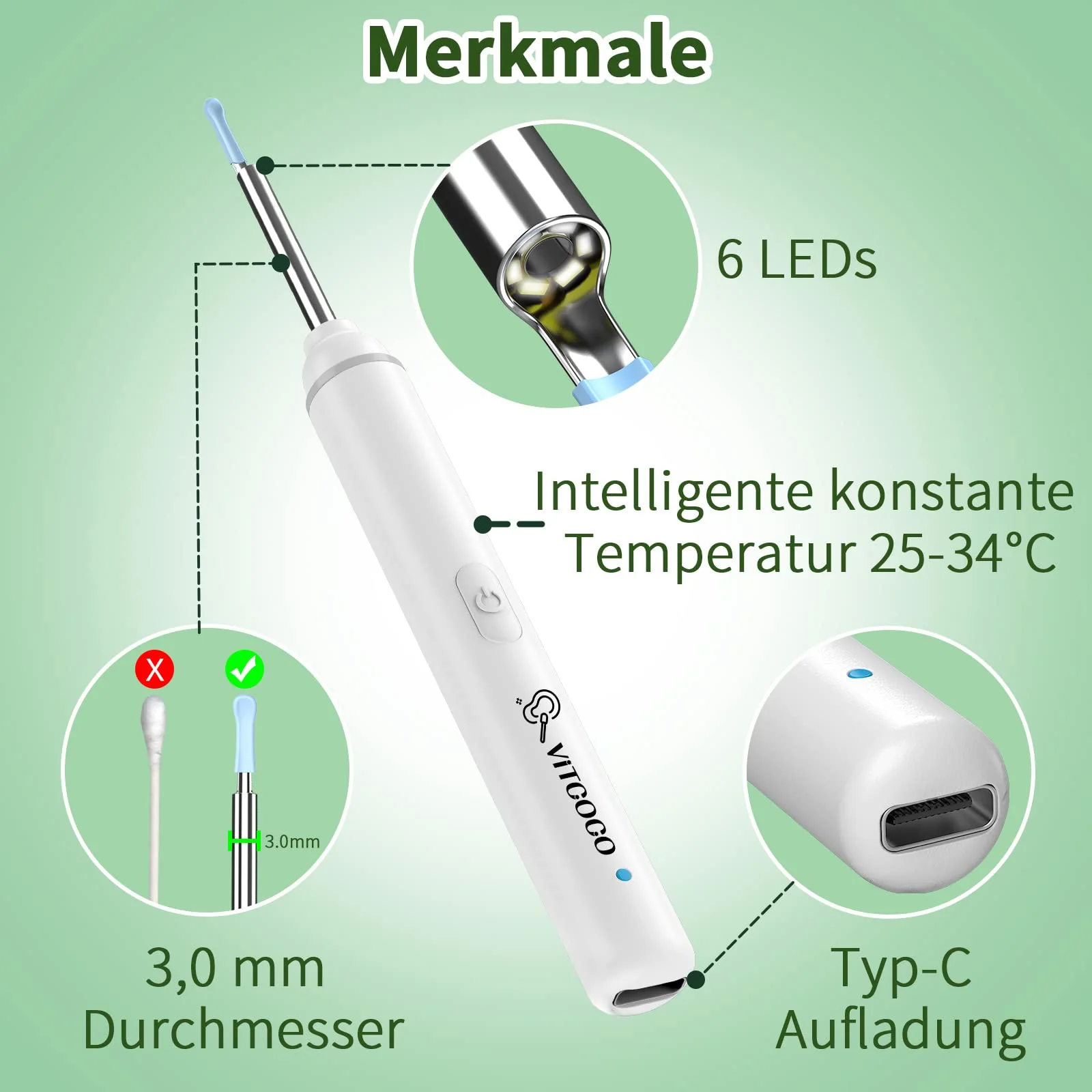 Earwax Remover Otoscope, VITCOCO 1920P Wifi Ear Cleaner, Ear Cleaner with Camera, Otoscope with 6 LEDs for iPhone, iPad and Android Smartphones, White - Image 5