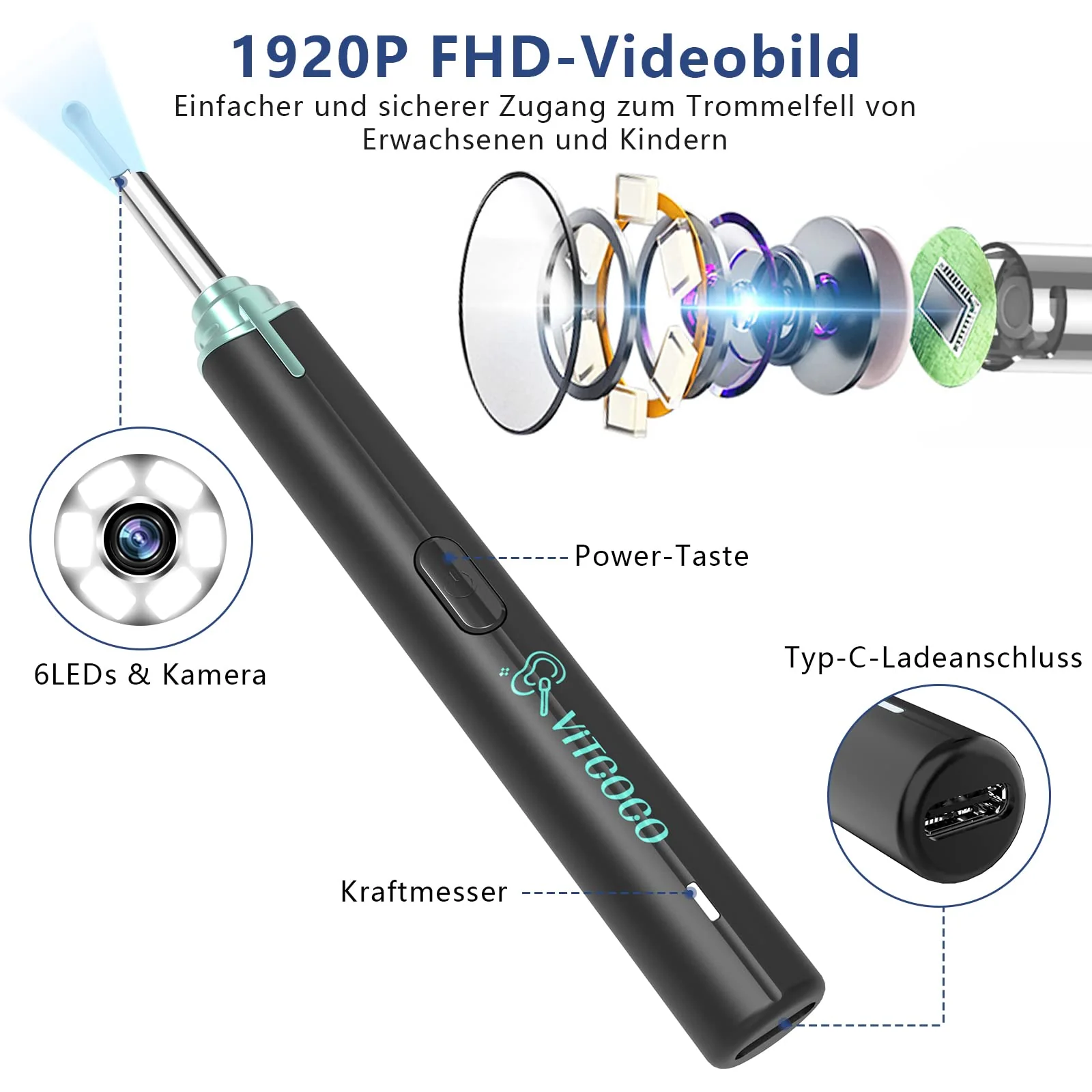 Earwax Remover Otoscope, VITCOCO 1920P WiFi Ear Cleaner, IP67 Waterproof Otoscope Ear, 360° Wide Angle Otoscope Camera with 6 LEDs for Adults, Children and Pets (Black) Black - Image 4