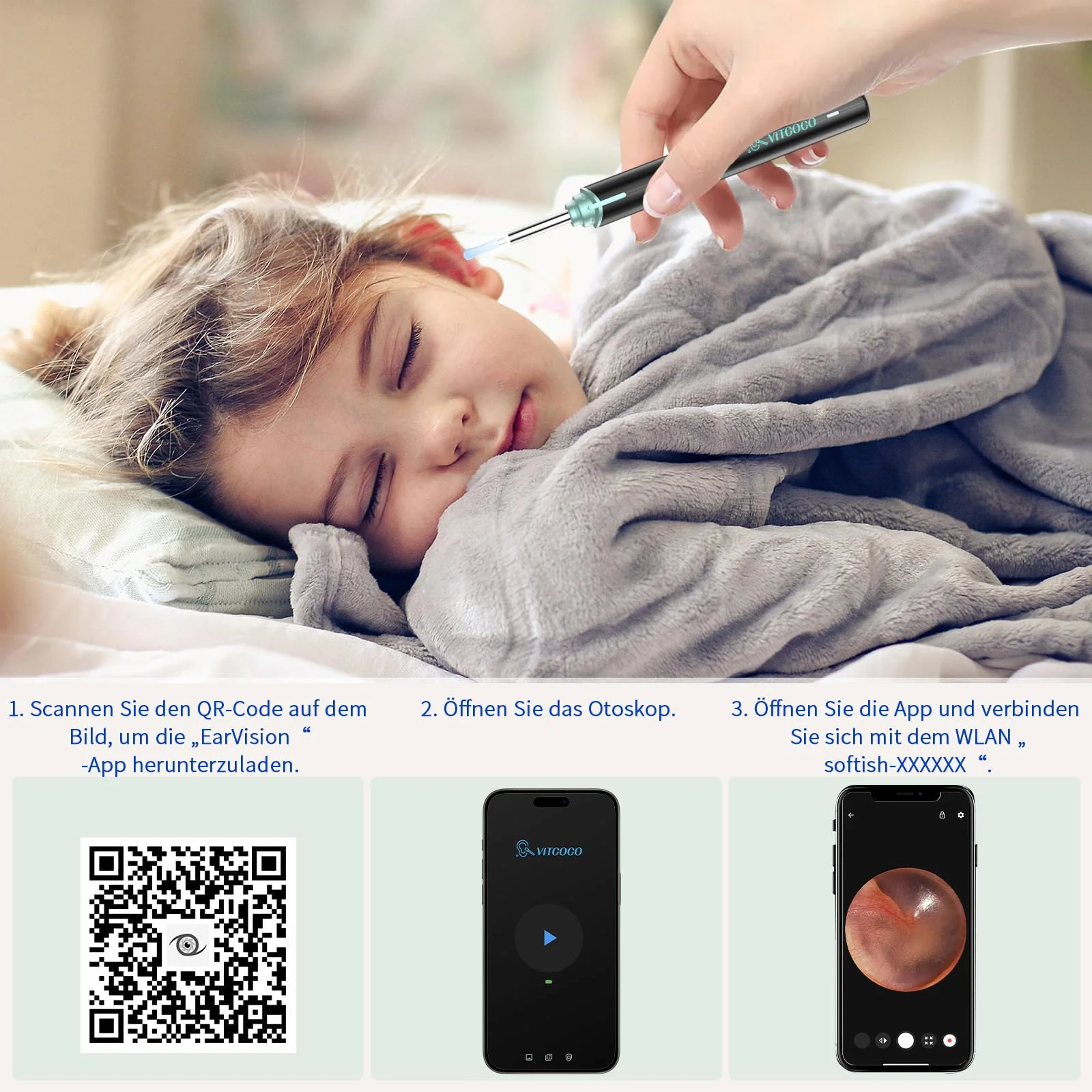 Earwax Remover Otoscope, VITCOCO 1920P WiFi Ear Cleaner, IP67 Waterproof Otoscope Ear, 360° Wide Angle Otoscope Camera with 6 LEDs for Adults, Children and Pets (Black) Black - Image 7