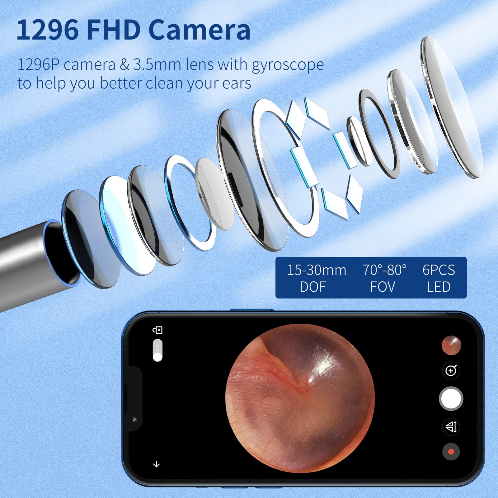 Earwax Remover Otoscope, VITCOCO WiFi Ear Cleaner Camera 5MP HD Ear Camera IP67 Waterproof Ear Mirror 3.5 mm Lens Ear Endoscope with 6 LEDs for iPhone, iPad and Android Smartphones (Black) Black - Image 6