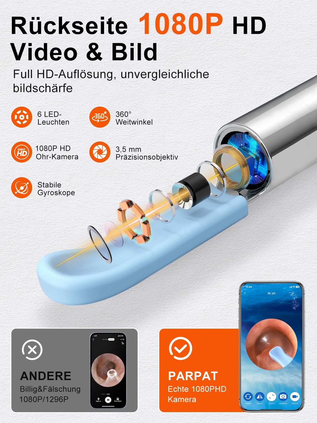 Earwax Remover, PARPAT Ear Cleaner Otoscope with 1080P HD Camera, IP67 Waterproof Ear Mirror 360° Wide Angle 6 LEDs Otoscope with Light, Earwax Removal Kit for iPhone, iPad, Android S16 - Image 2