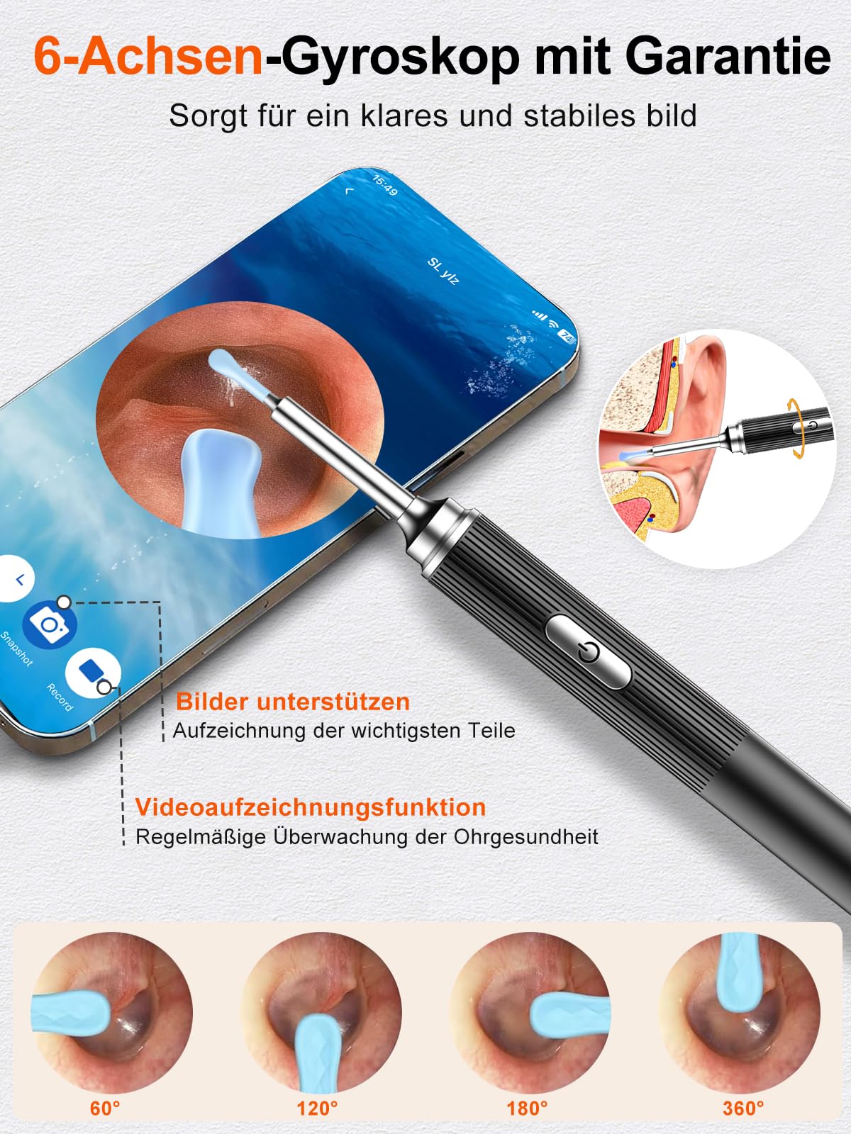 Earwax Remover, PARPAT Ear Cleaner Otoscope with 1080P HD Camera, IP67 Waterproof Ear Mirror 360° Wide Angle 6 LEDs Otoscope with Light, Earwax Removal Kit for iPhone, iPad, Android S16 - Image 5