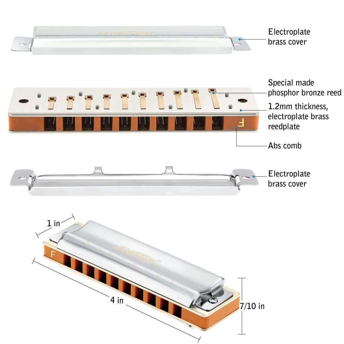 East top 10 Holes Professional Diatonic Blues Harmonica Key of F with Silver Cover, Probgrade Harmonicas For Adults, Professional Player and Students - Image 3