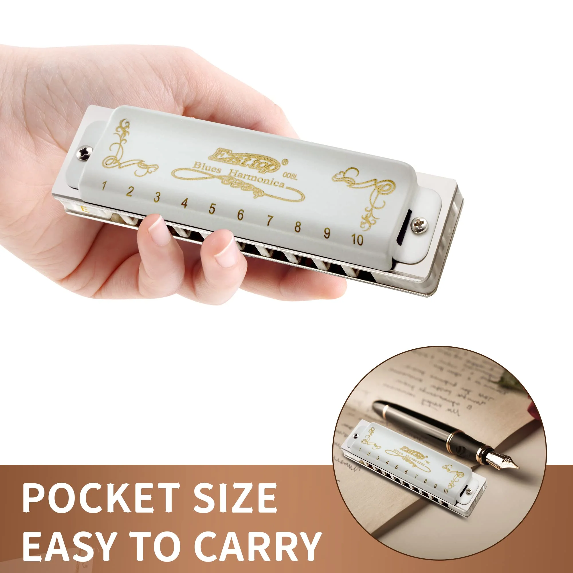 East top Blues Harmonica, 10 Holes 20 Tones Diatonic Blues Mouth Organ Harmonica Key of E with White Cover, T008L Harmonica for Adults, Professionals and Students - Image 5