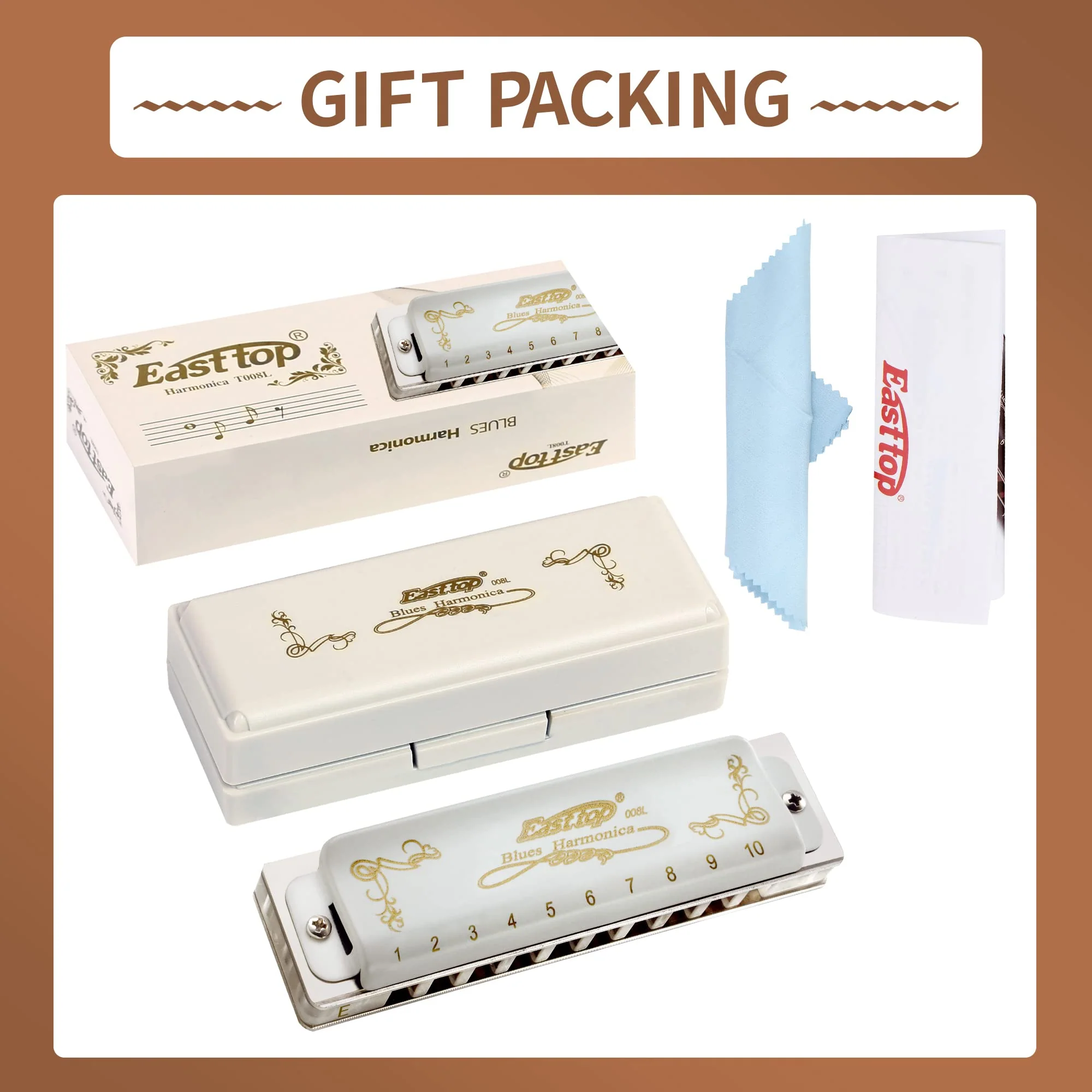 East top Blues Harmonica, 10 Holes 20 Tones Diatonic Blues Mouth Organ Harmonica Key of E with White Cover, T008L Harmonica for Adults, Professionals and Students - Image 6