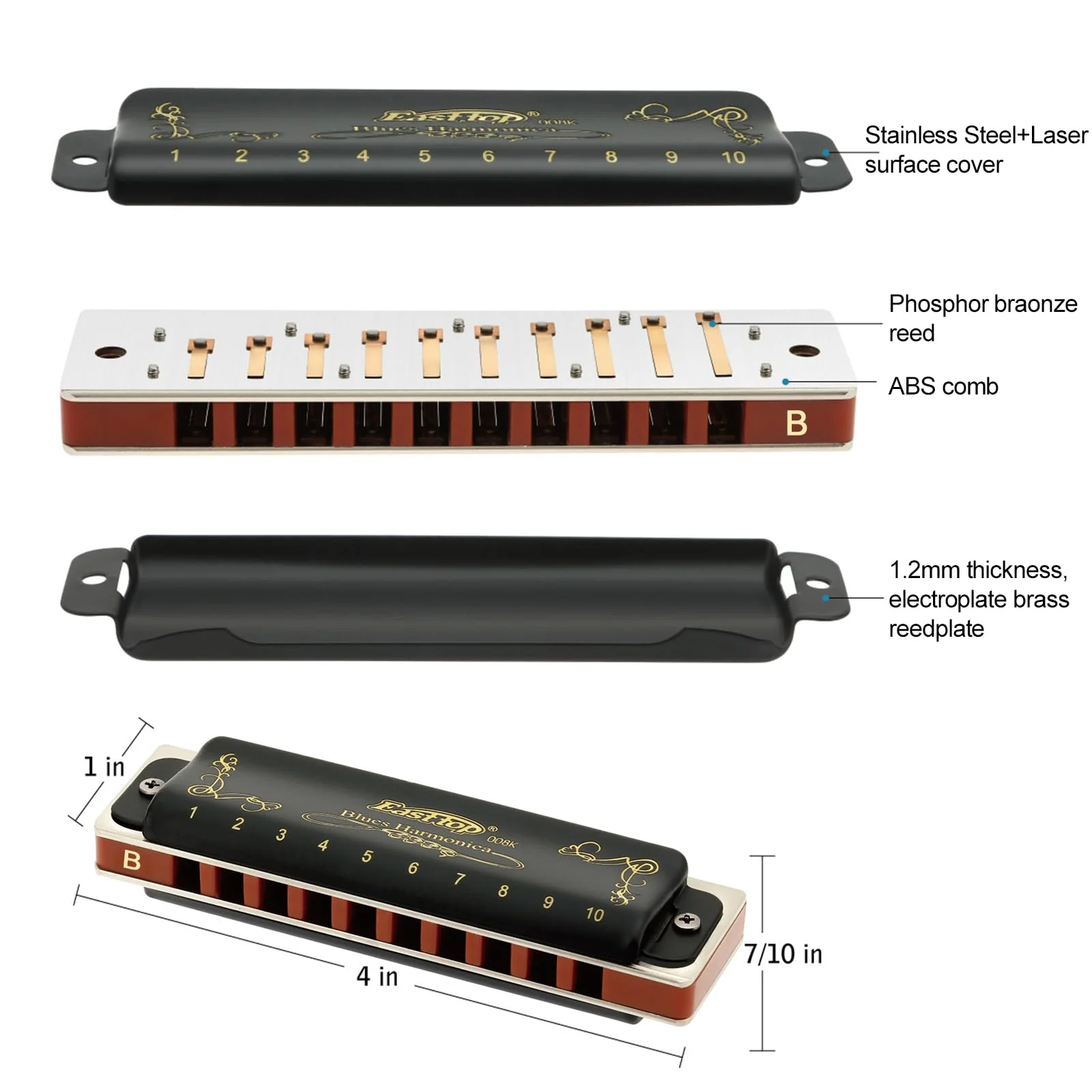 East top Diatonic Harmonica Key of B 10 Holes 20 Tones 008K Mouth Organ with Black Cover, Top Grade Harmonica for Adults, Professionals and Students - Image 3