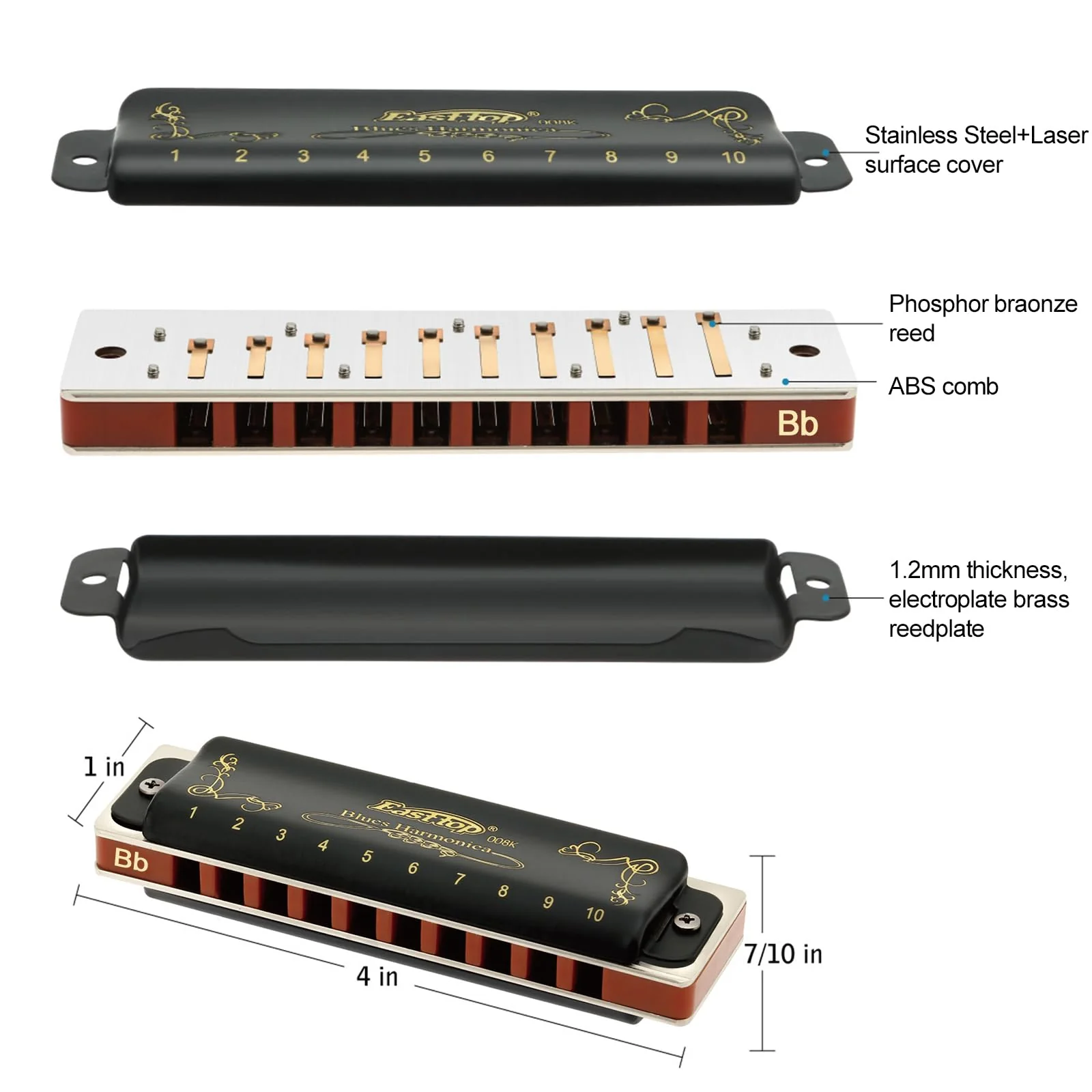 East top Diatonic Harmonica Key of Bb 10 Holes 20 Tones 008K Mouth Organ with Black Cover, Top Grade Harmonica for Adults, Professionals and Students Black-Bb - Image 3