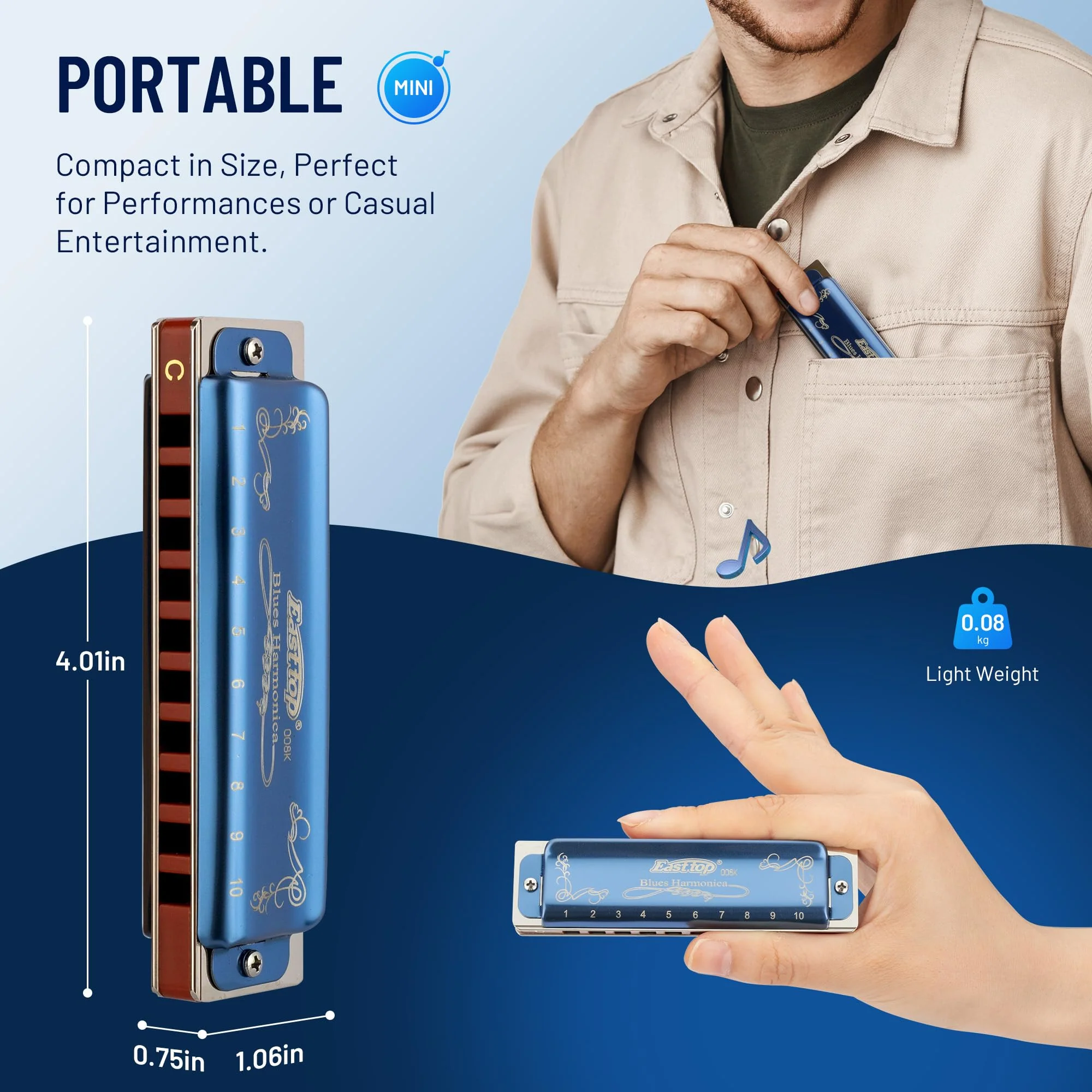 East top Diatonic Harmonica Key of F#, 10 Holes 20 Tones 008K Diatonic Mouth Organ Harmonica with Blue Case, Standard Harmonica For Adults, Professionals and Students - Image 5