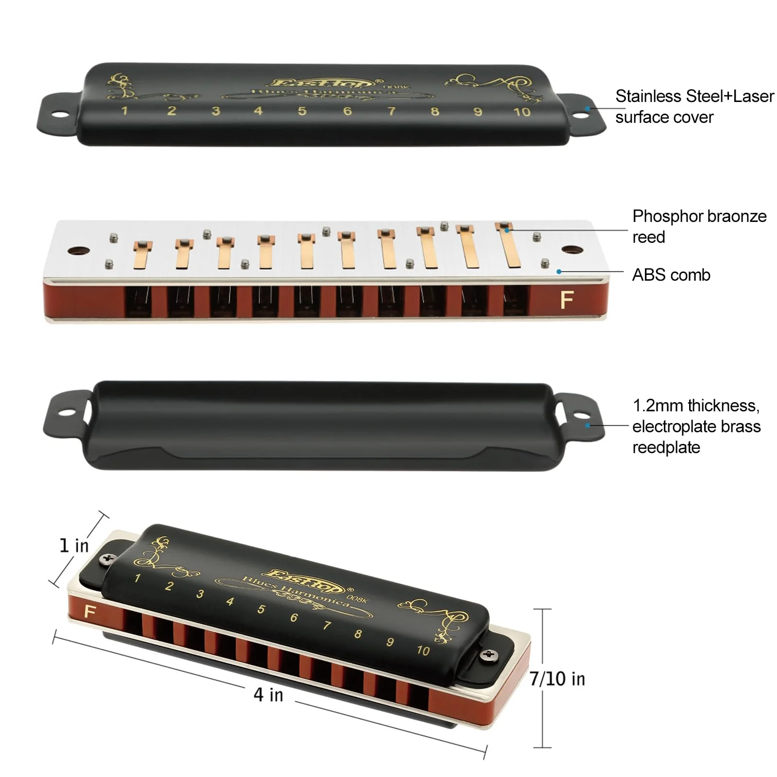 East top Diatonic Harmonica Key of F 10 Holes 20 Tones 008K Mouth Organ with Black Cover, Top Grade Harmonica for Adults, Professionals and Students - Image 3