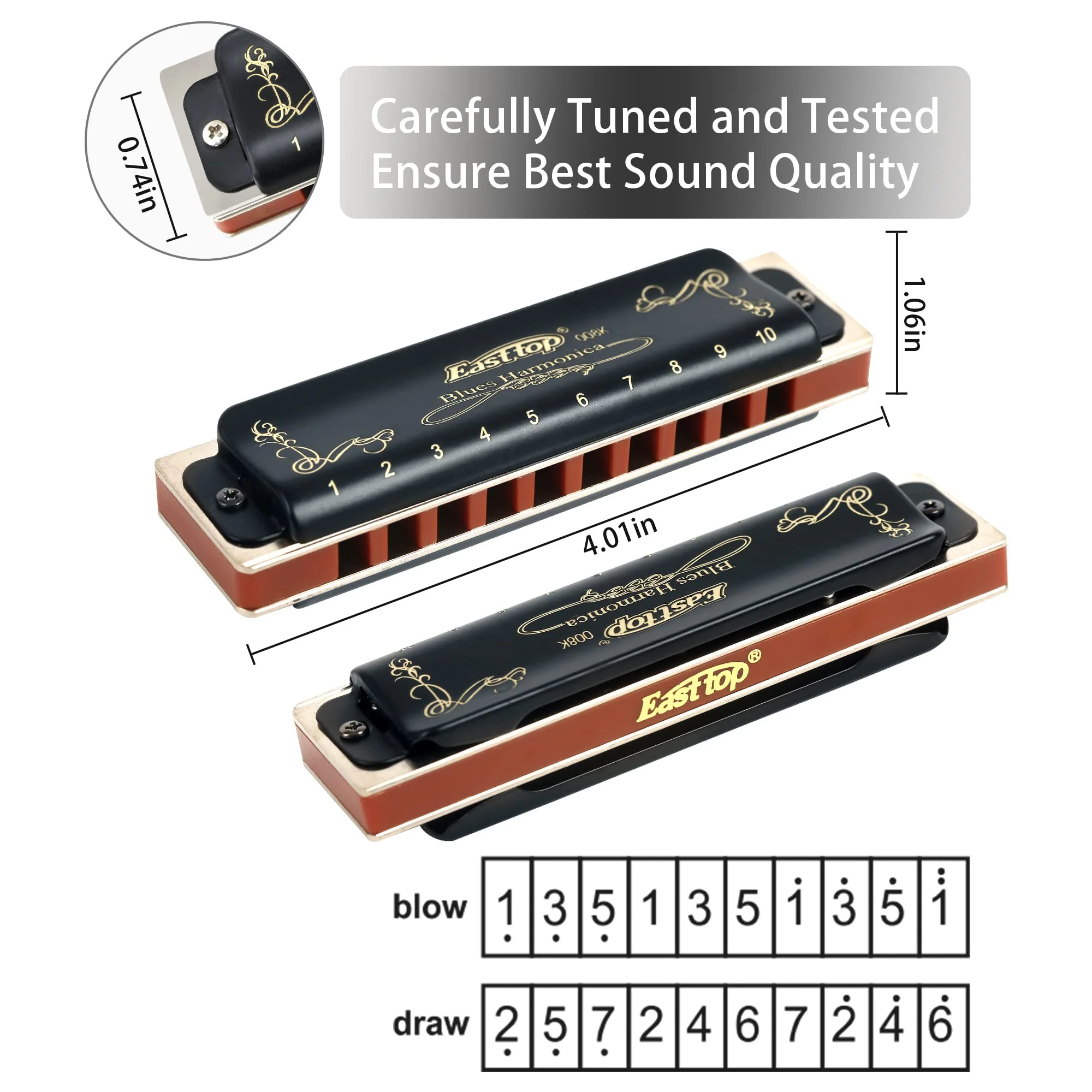 East top Diatonic Harmonica Key of F 10 Holes 20 Tones 008K Mouth Organ with Black Cover, Top Grade Harmonica for Adults, Professionals and Students - Image 4