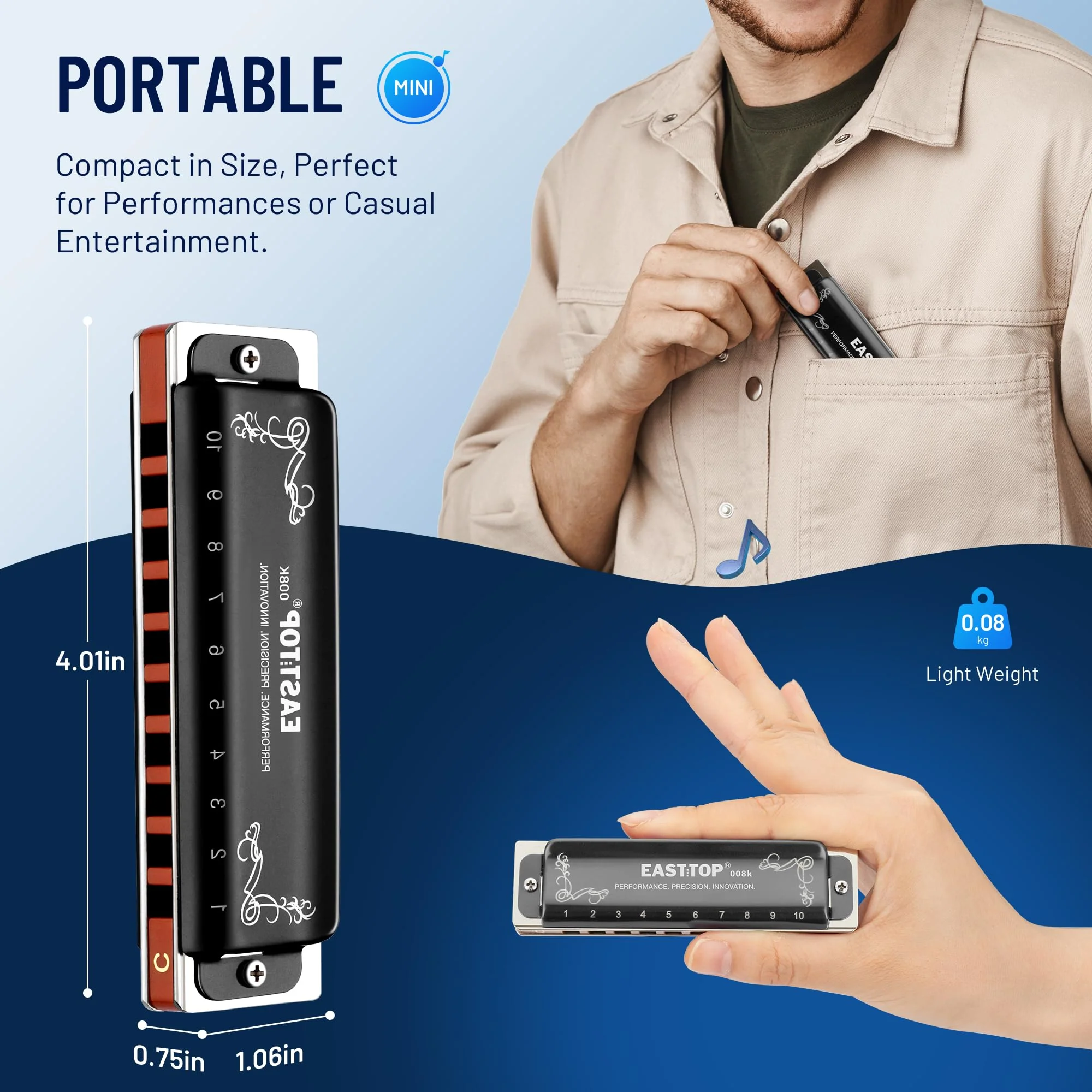 East top Harmonica C, Updated Diatonic Blues Deluxe Harmonica C Key 10 Holes 20 Tones Professional Diatonic Mouth Organ, harmonica for Adults, Professionals, Beginners and Students as gift black - Image 5