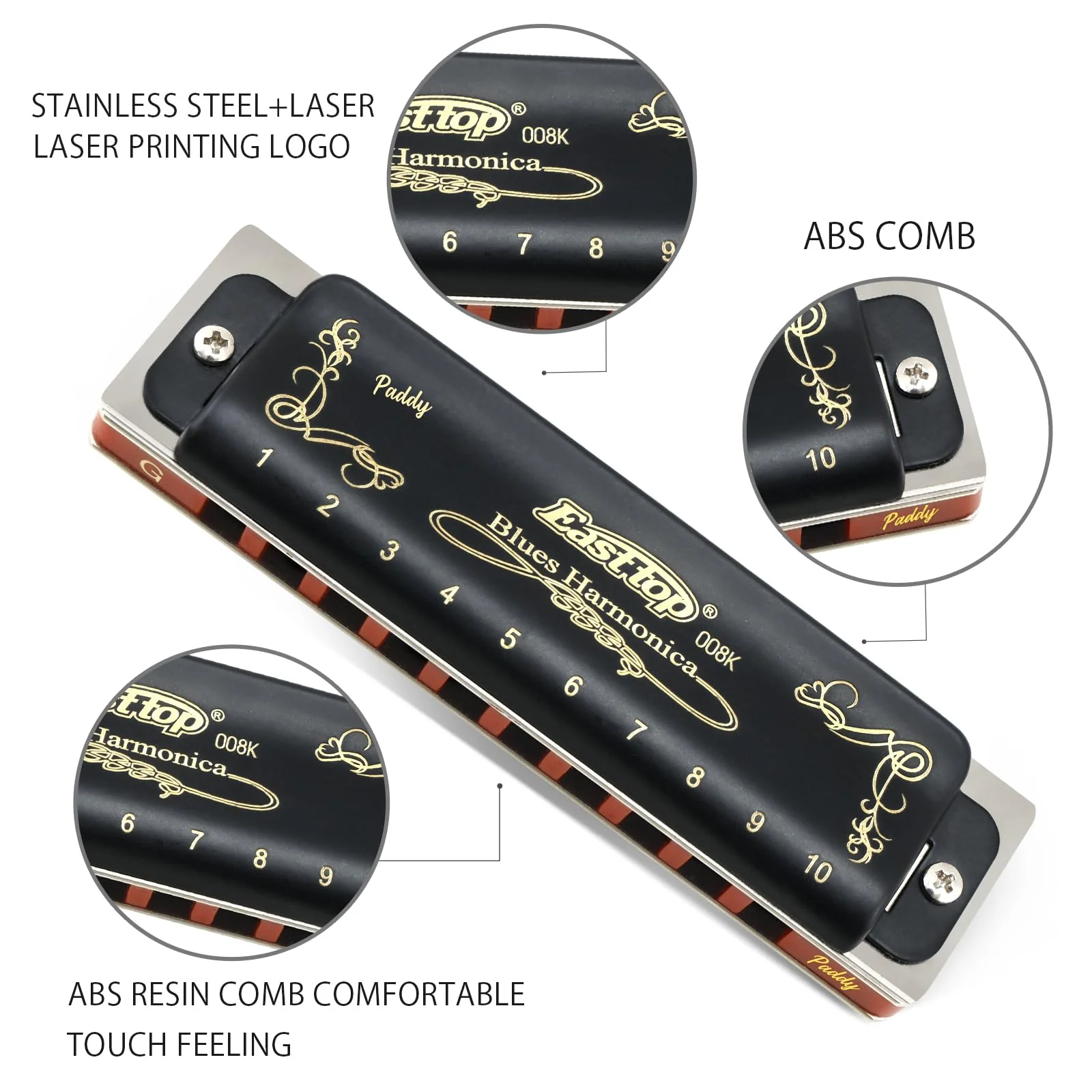 East top Harmonica, Diatonic Blues Harmonica key of Paddy G, 10 Holes 20 Tones 008K Mouth Organ Harmonica for Adults, Professionals and Students black-Paddy G - Image 2