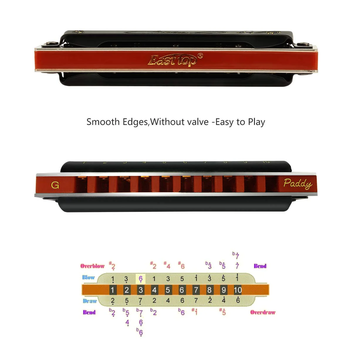 East top Harmonica, Diatonic Blues Harmonica key of Paddy G, 10 Holes 20 Tones 008K Mouth Organ Harmonica for Adults, Professionals and Students black-Paddy G - Image 3
