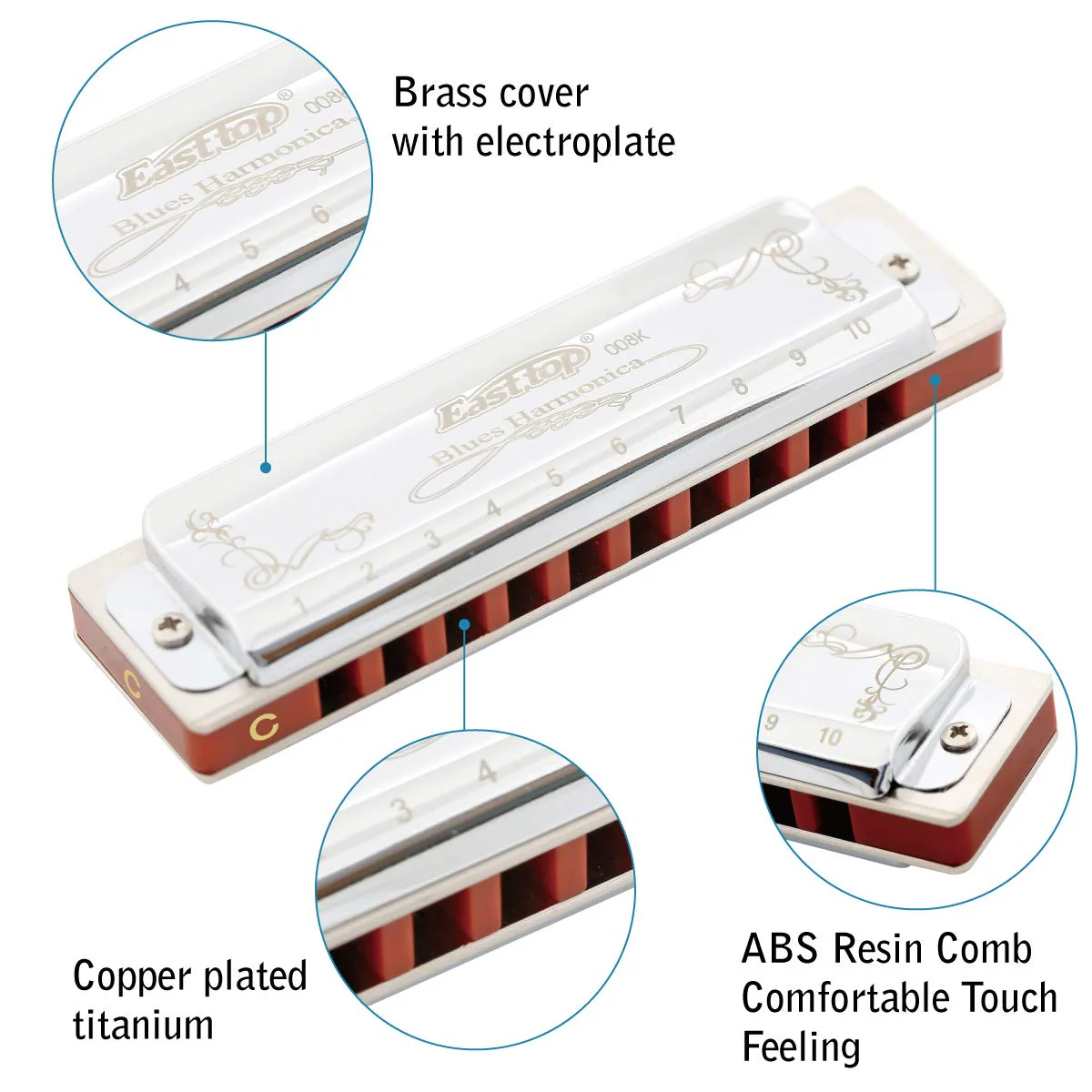 East top Harmonica Key of C 10 Holes 20 Tones 008K Blues Diatonic Mouth Organ with Silver Cover, Deluxe Harmonica C For Adults, Professionals and Students as gift silver-C - Image 2