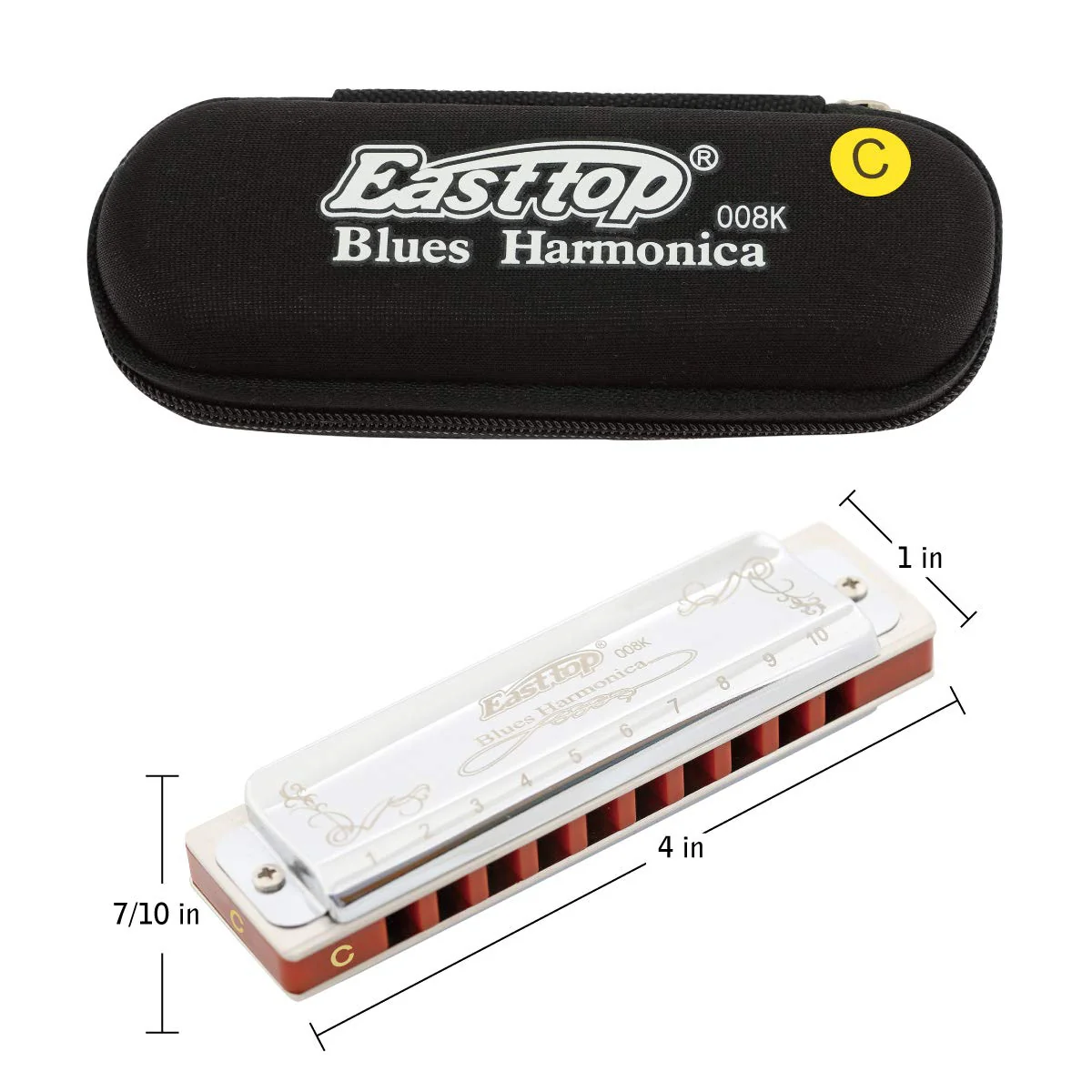 East top Harmonica Key of C 10 Holes 20 Tones 008K Blues Diatonic Mouth Organ with Silver Cover, Deluxe Harmonica C For Adults, Professionals and Students as gift silver-C - Image 4