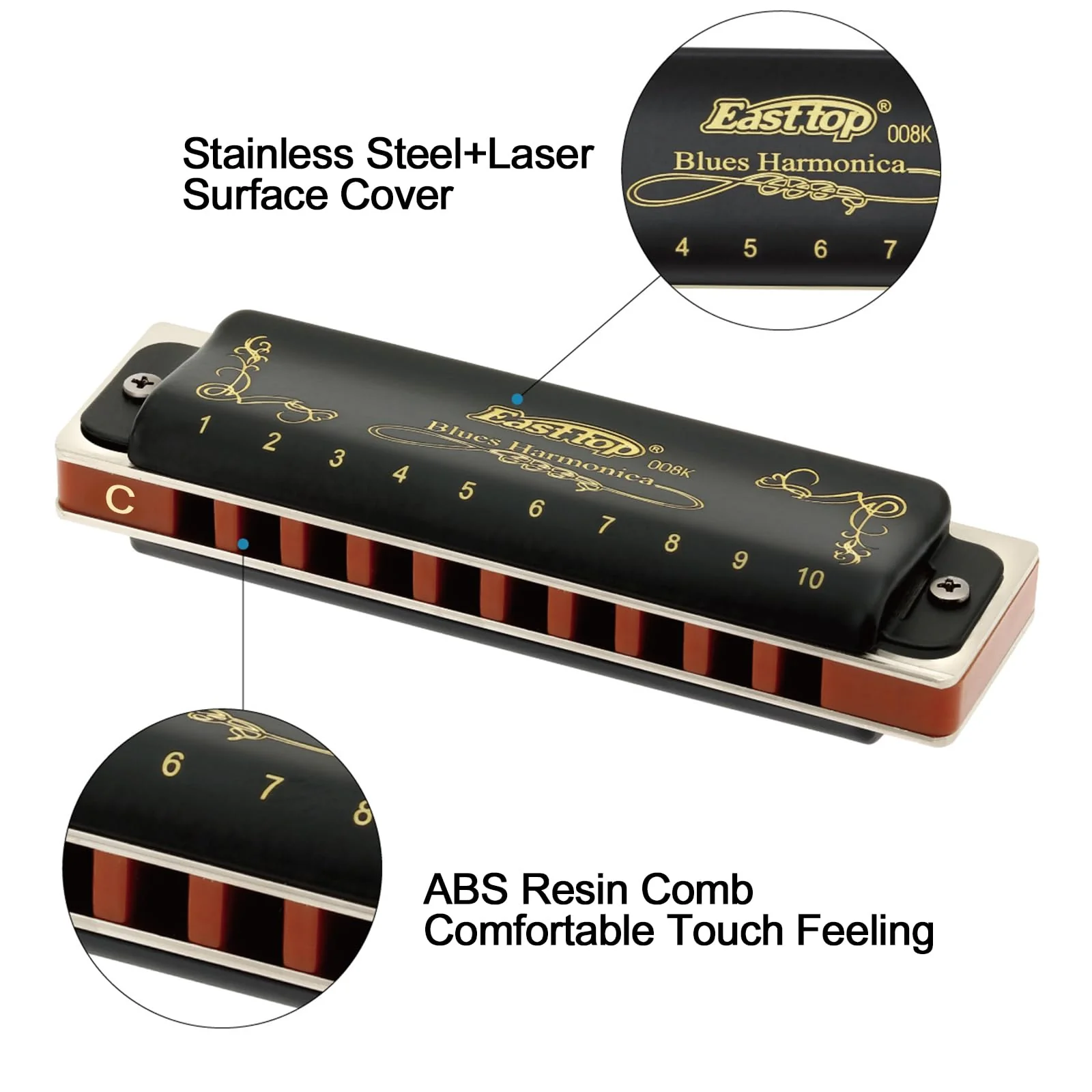 East top Harmonica Key of C 10 Holes 20 Tones 008K Mouth Organ with Black Cover, Top Grade Harmonica for Adults, Professionals and All Level Students as Gift - Image 2