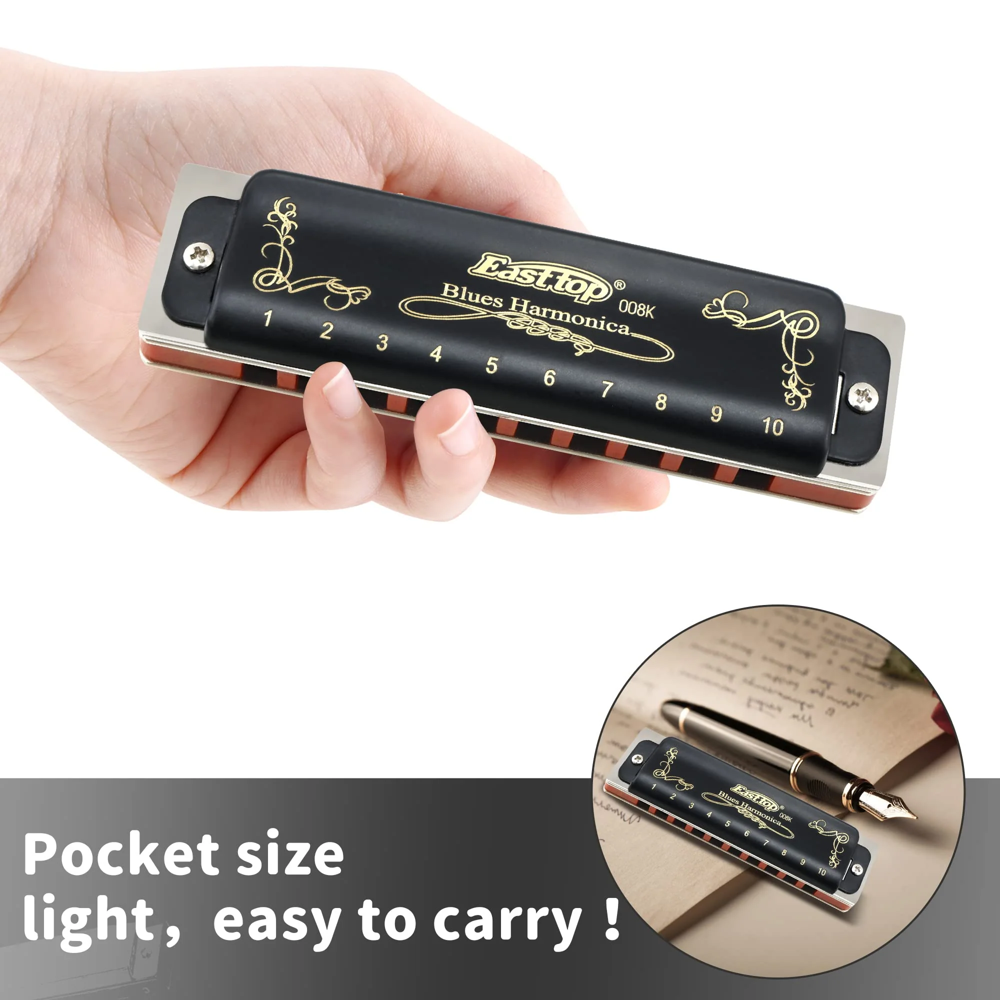East top Harmonica Key of G 10 Holes 20 Tones 008K Mouth Organ with Black Cover, Top Grade Harmonica for Adults, Professionals and Students Black-G - Image 5
