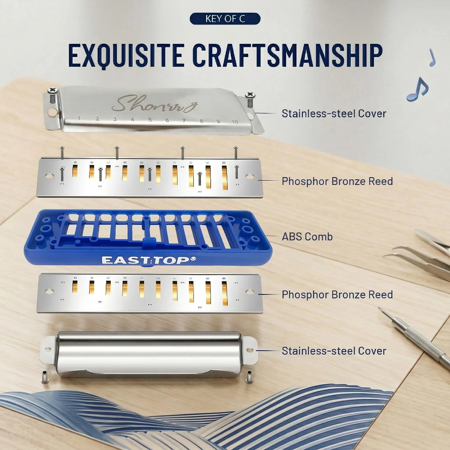 EAST TOP Upgraded Blues Harmonica Key of C, Professional Diatonic Mouth Organ 10 Holes 20 Tones T009 2.0 for All Level's Players BLUE-C - Image 2
