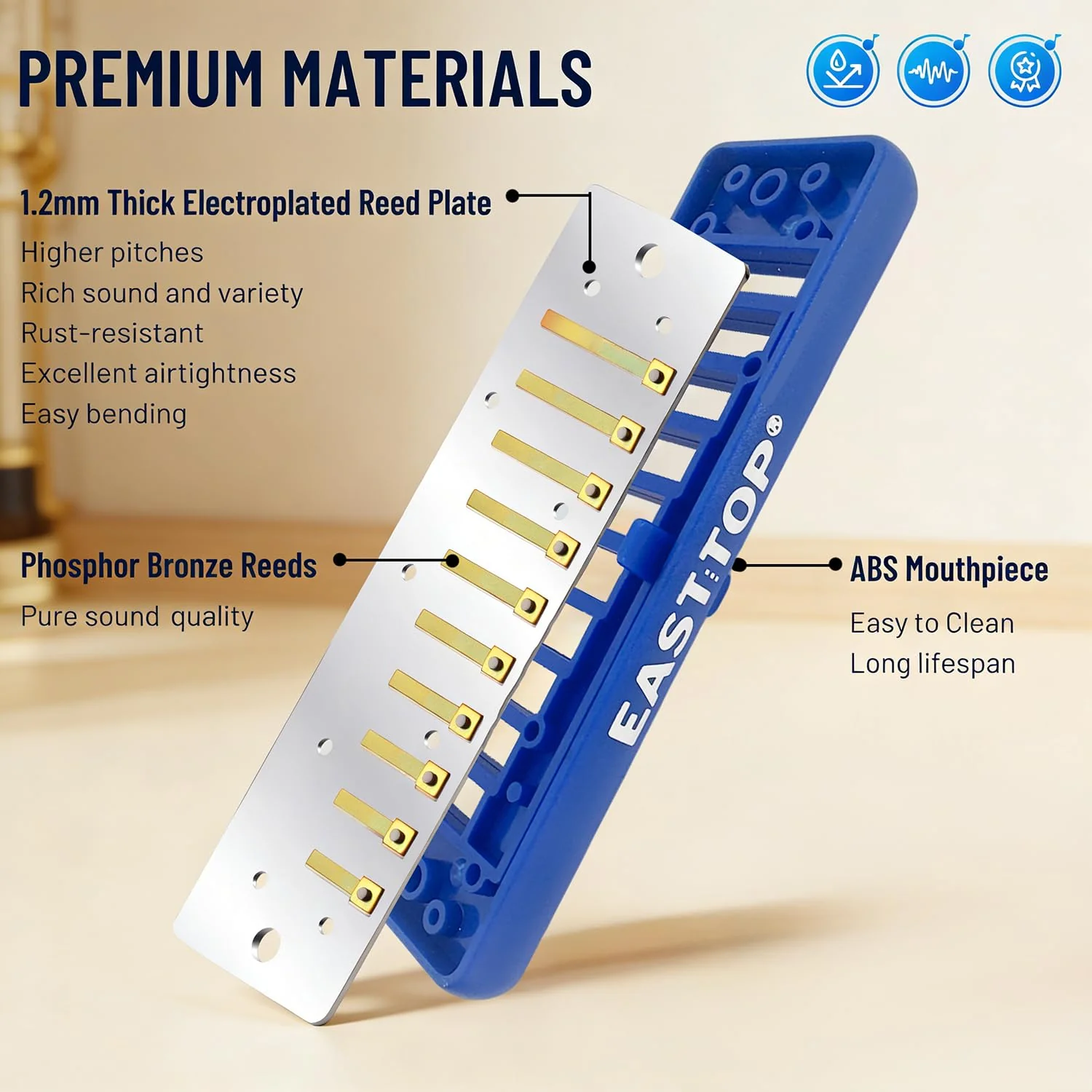 EAST TOP Upgraded Blues Harmonica Key of C, Professional Diatonic Mouth Organ 10 Holes 20 Tones T009 2.0 for All Level's Players BLUE-C - Image 4