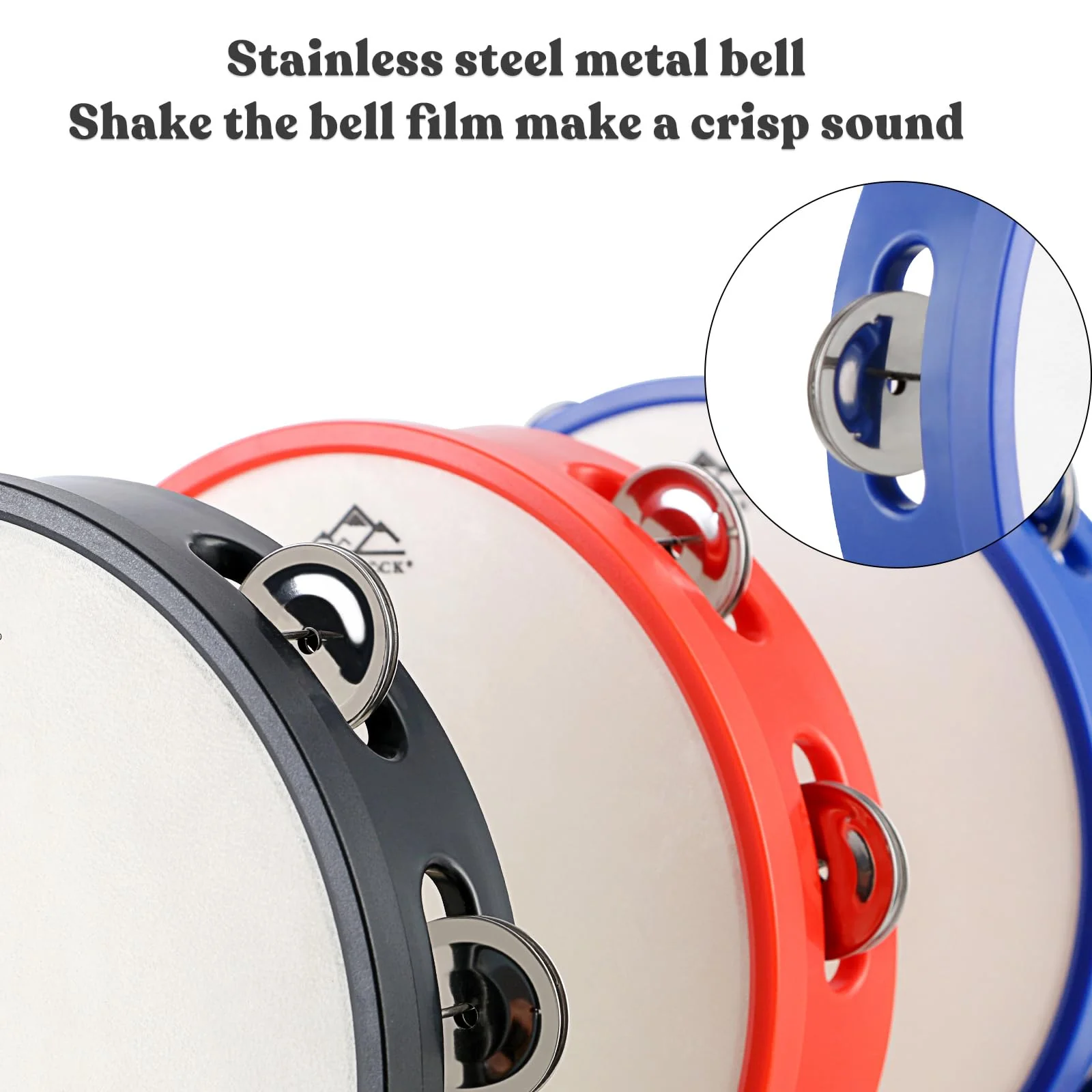 EASTROCK 8 inch Tambourine Hand Held Drum Bell Birch Metal Jingles Percussion Musical Jingles Bell Tambourine Musical Instrument for KTV Party Church 3 PCS Black、White、Blue - Image 3