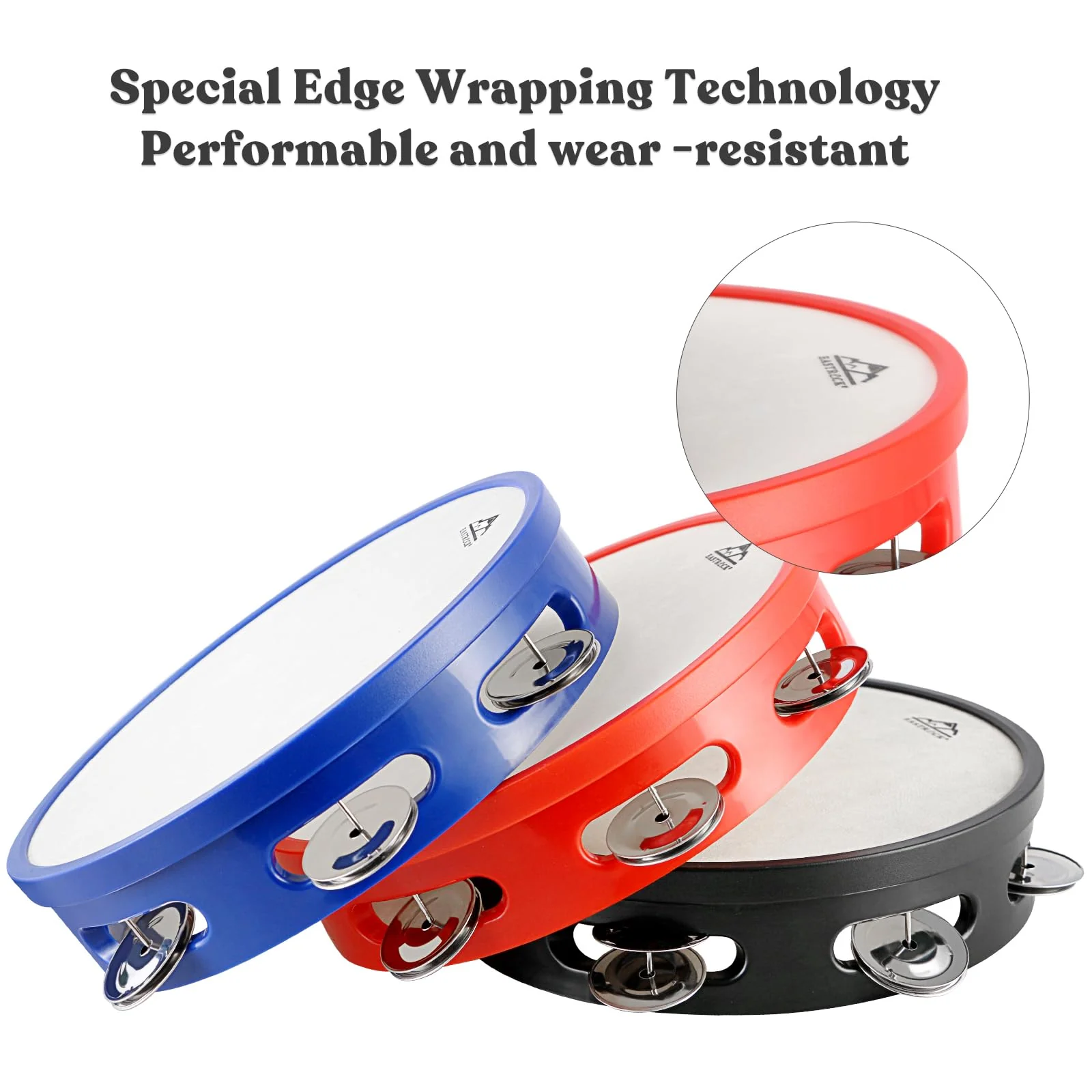 EASTROCK 8 inch Tambourine Hand Held Drum Bell Birch Metal Jingles Percussion Musical Jingles Bell Tambourine Musical Instrument for KTV Party Church 3 PCS Black、White、Blue - Image 4