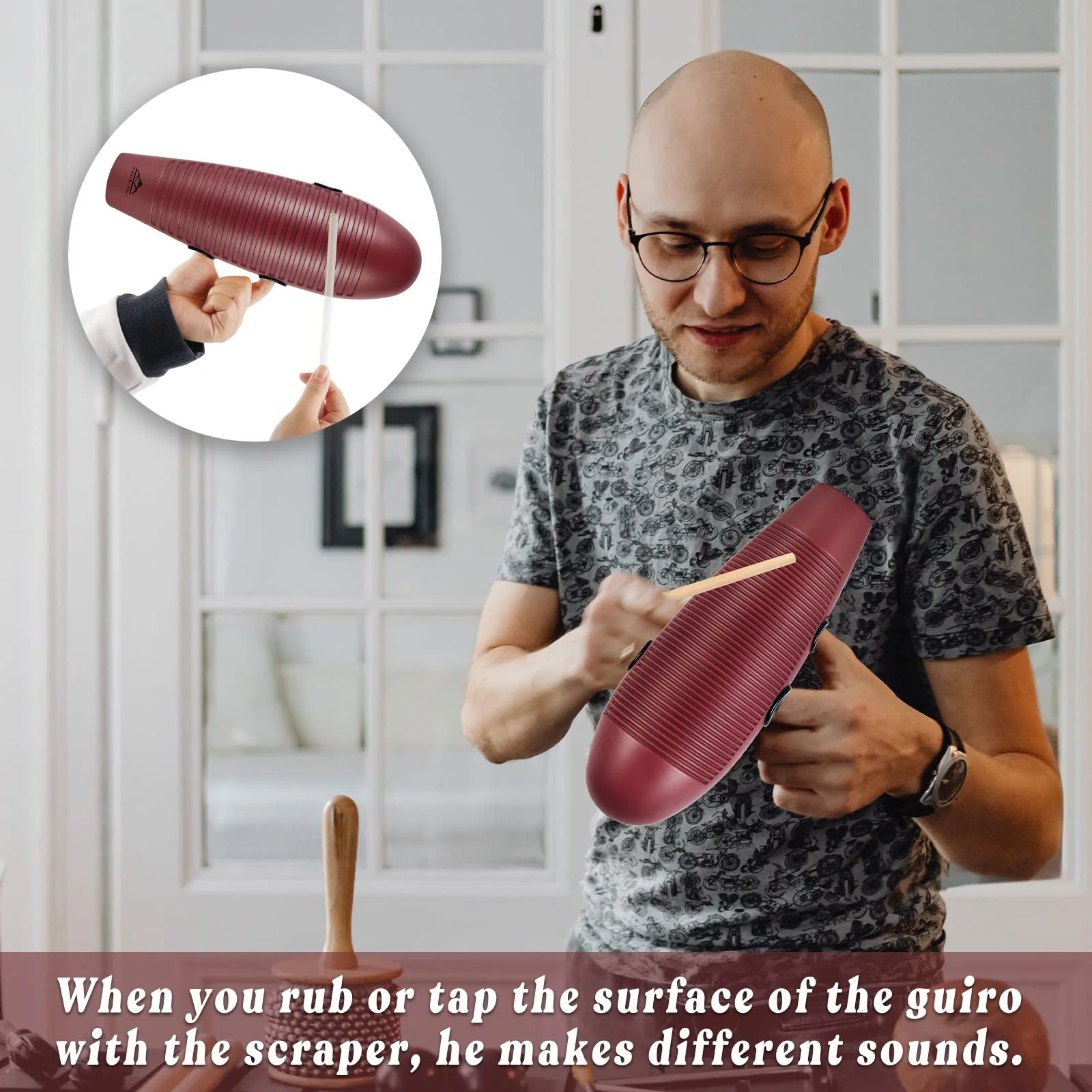 EASTROCK Guiro Instrument 3.9"x13" Fish Shaped Latin Percussion Instrument with 2 Scrapers Guiro Instrument Musical Training Tool for Beginners and Professional Band Accompaniment Large Redbrown - Image 6