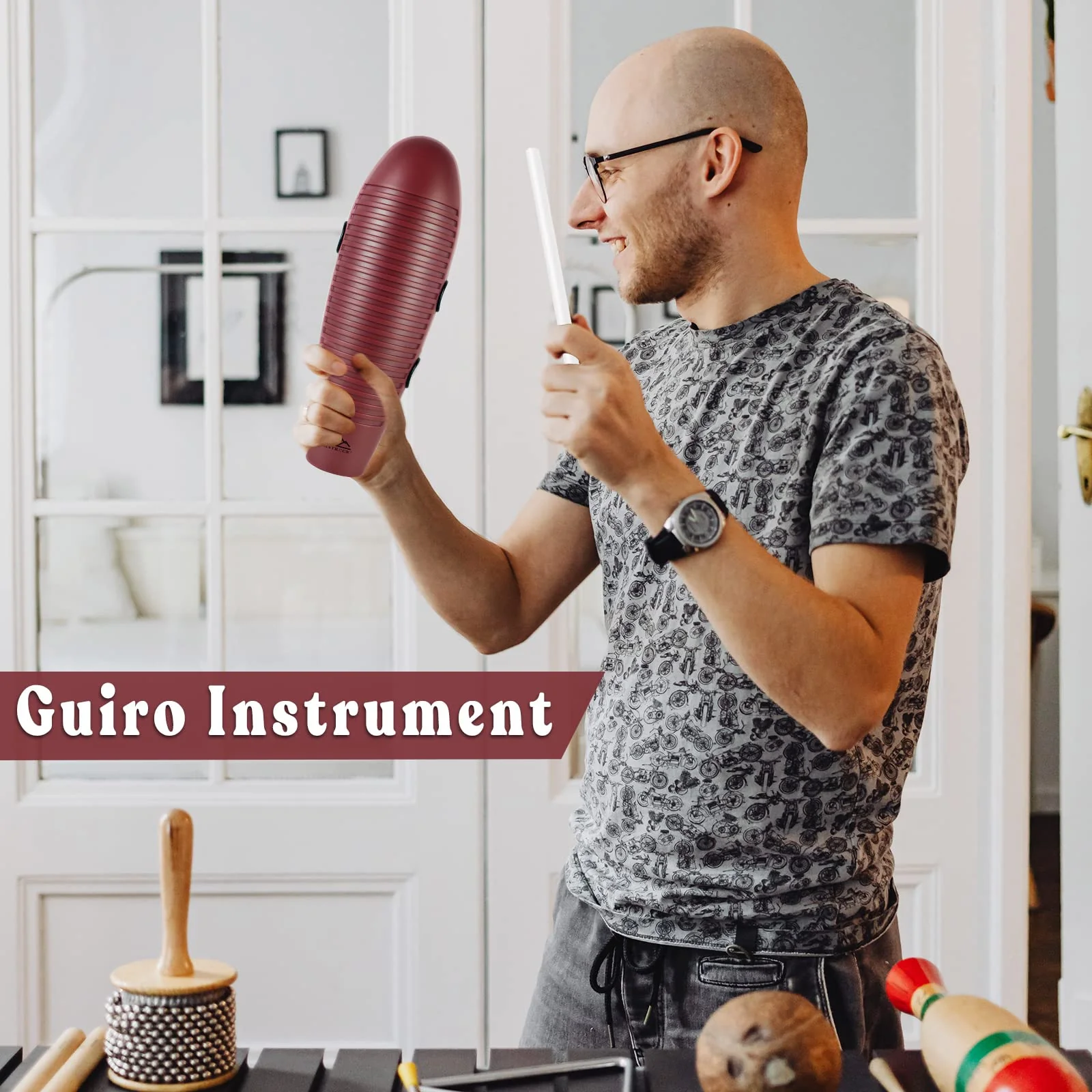 EASTROCK Guiro Instrument 3.9"x13" Fish Shaped Latin Percussion Instrument with 2 Scrapers Guiro Instrument Musical Training Tool for Beginners and Professional Band Accompaniment Large Redbrown - Image 7