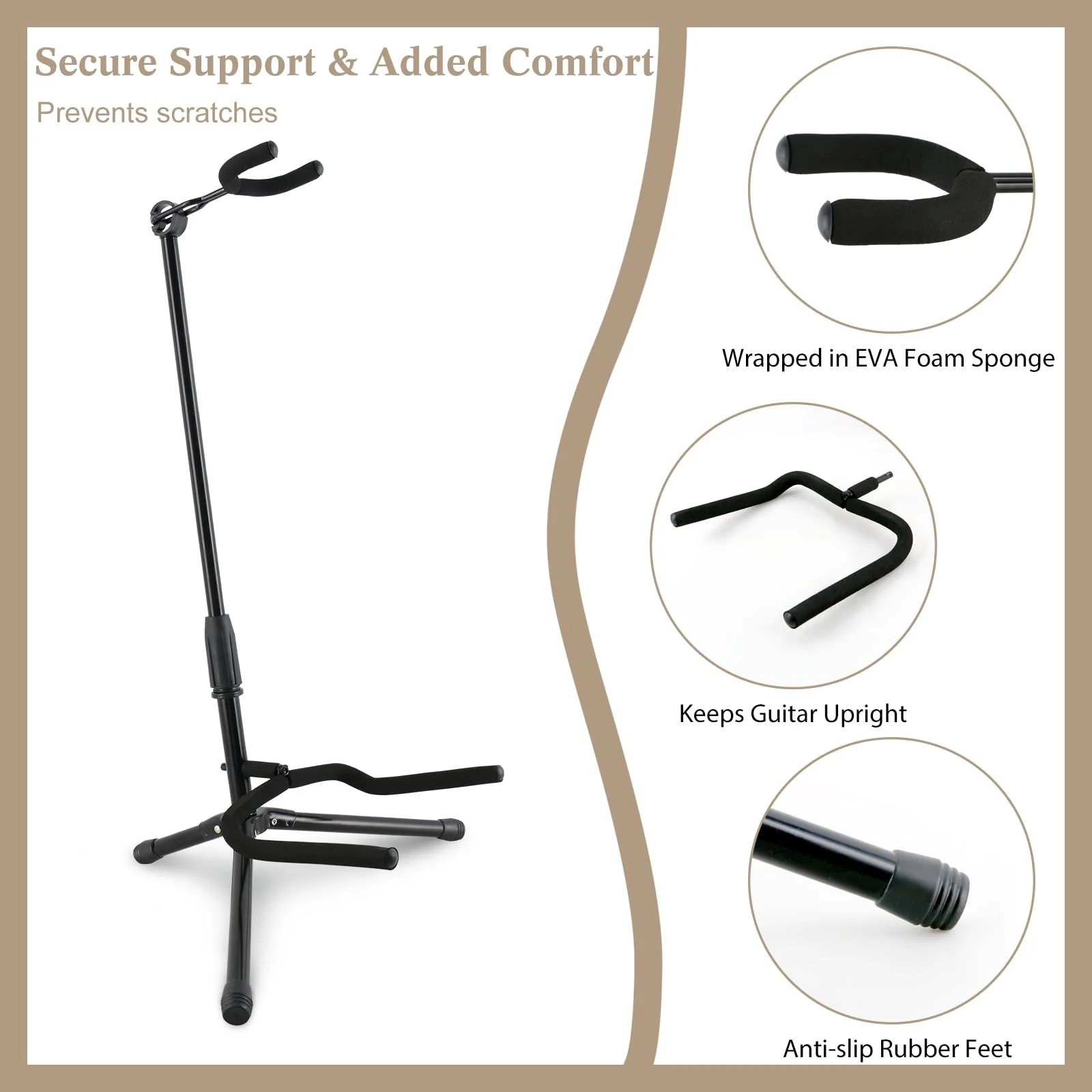 EASTROCK Guitar Stand - Guitar Stands Floor Adjustable Folding Guitar Stand for Acoustic Electric Bass Guitar Banjo Mandolin, Black Tripod with Foam Padding & Non-Slip Feet (1PACK) 1PACK - Image 2
