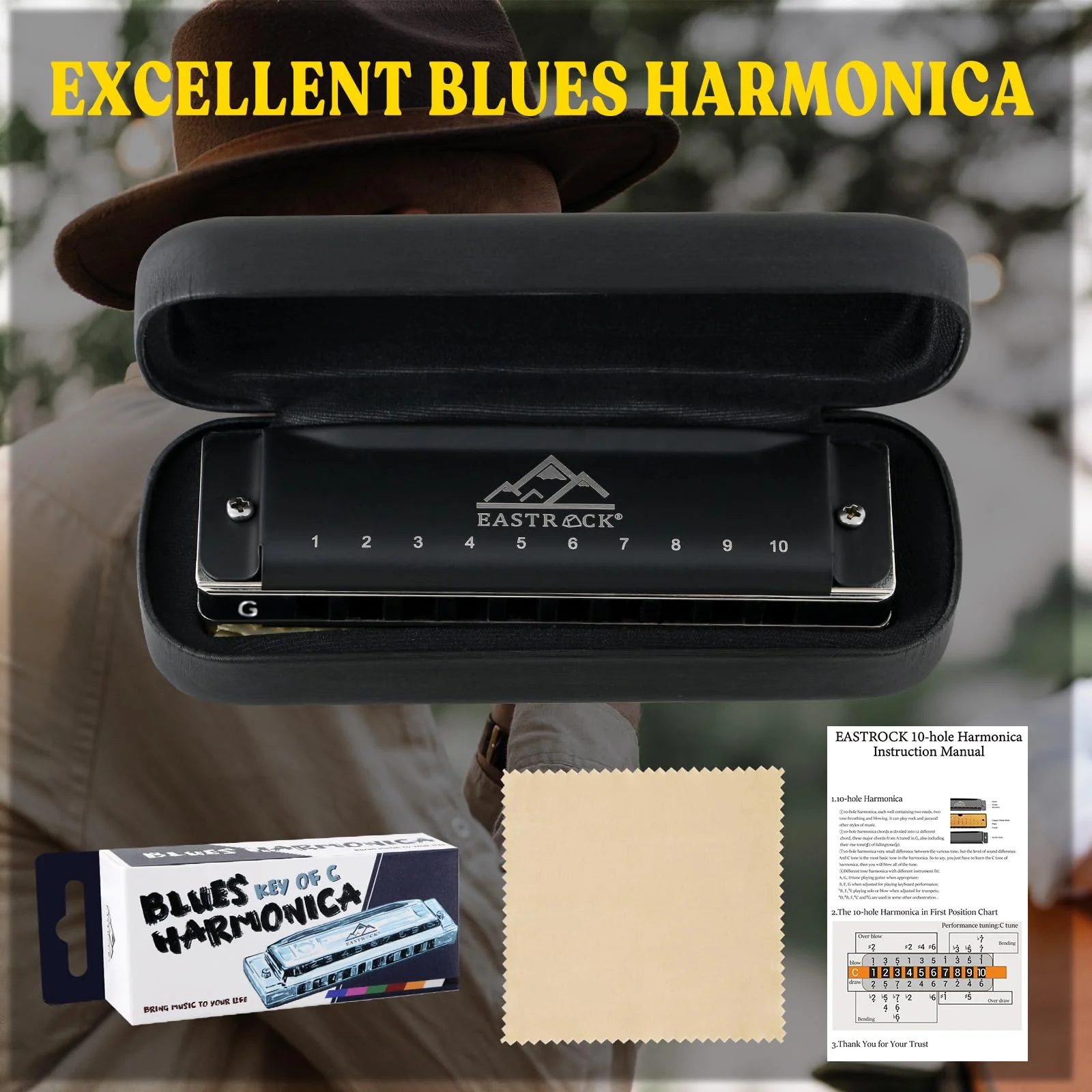EastRock Harmonica, Blues Harmonica Mouth Organ 10 Hole G Key with Case, Diatonic Harmonica for Professional Player, Beginner, Students, Adult, Friends, Gifts（Matte Black Finish） update10hole-G - Image 6
