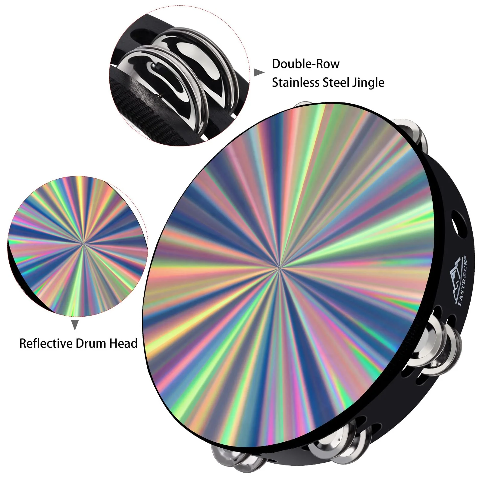 EASTROCK Radiant Tambourine Hand Held Drum 10 Inch Double Row Jingles Reflective Tambourine Musical Instrument for Adults Church KTV Party (2 Packs) 10 inch (2 Pack) - Image 3