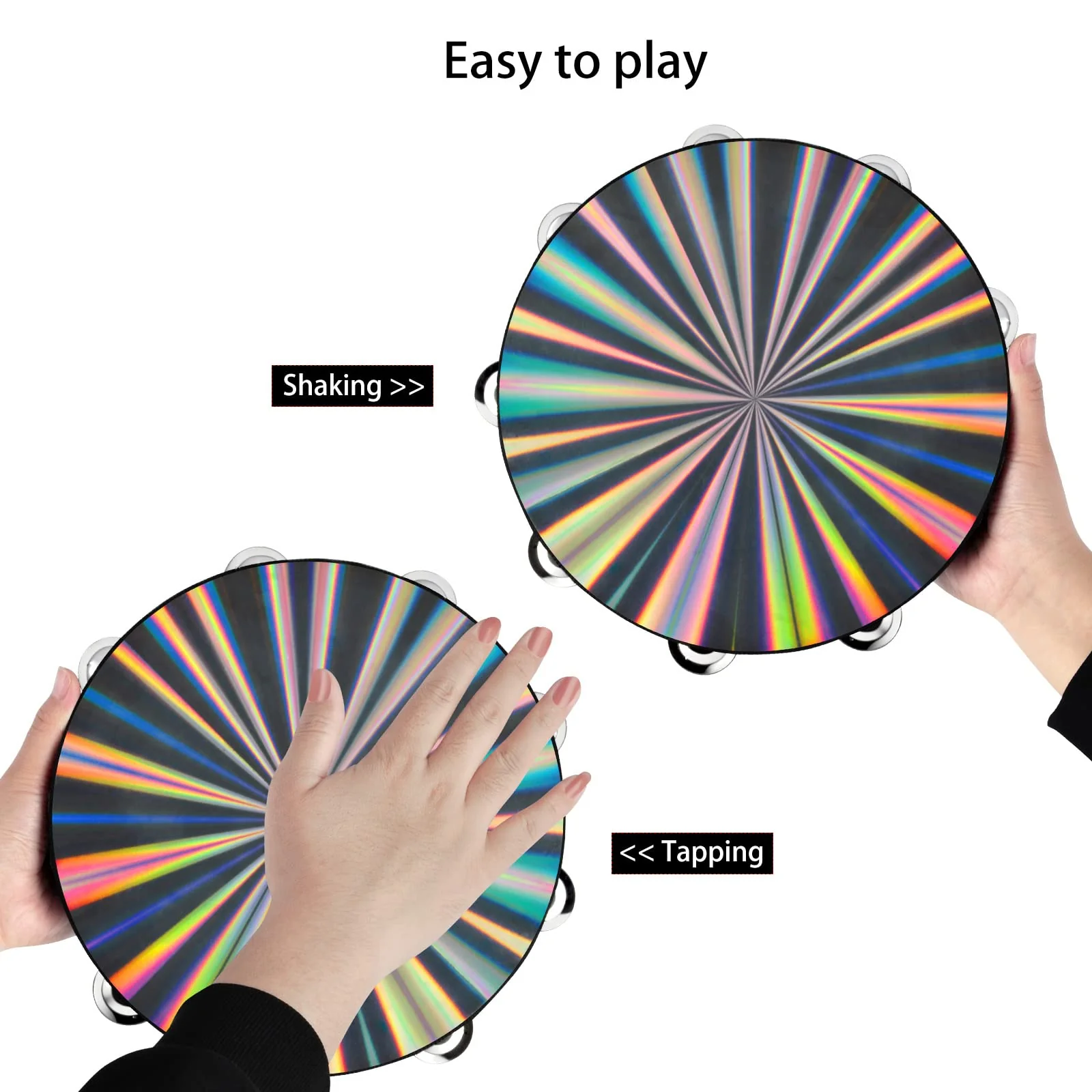 EASTROCK Radiant Tambourine Hand Held Drum 10 Inch Double Row Jingles Reflective Tambourine Musical Instrument for Adults Church KTV Party (2 Packs) 10 inch (2 Pack) - Image 4