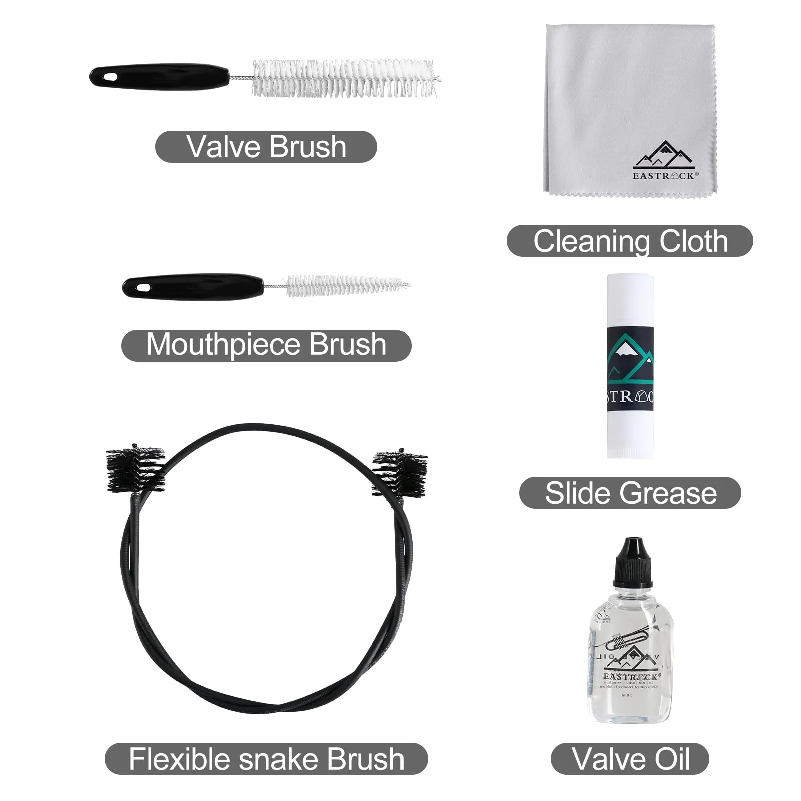 EASTROCK Trumpet Cleaning Kit,Trumpet Care Kit 6PCS,Valve Oil, Slide Grease,Cleaning Cloth,Valve Brush,Mouthpiece Brush and Flexible Snake Brush - Image 3