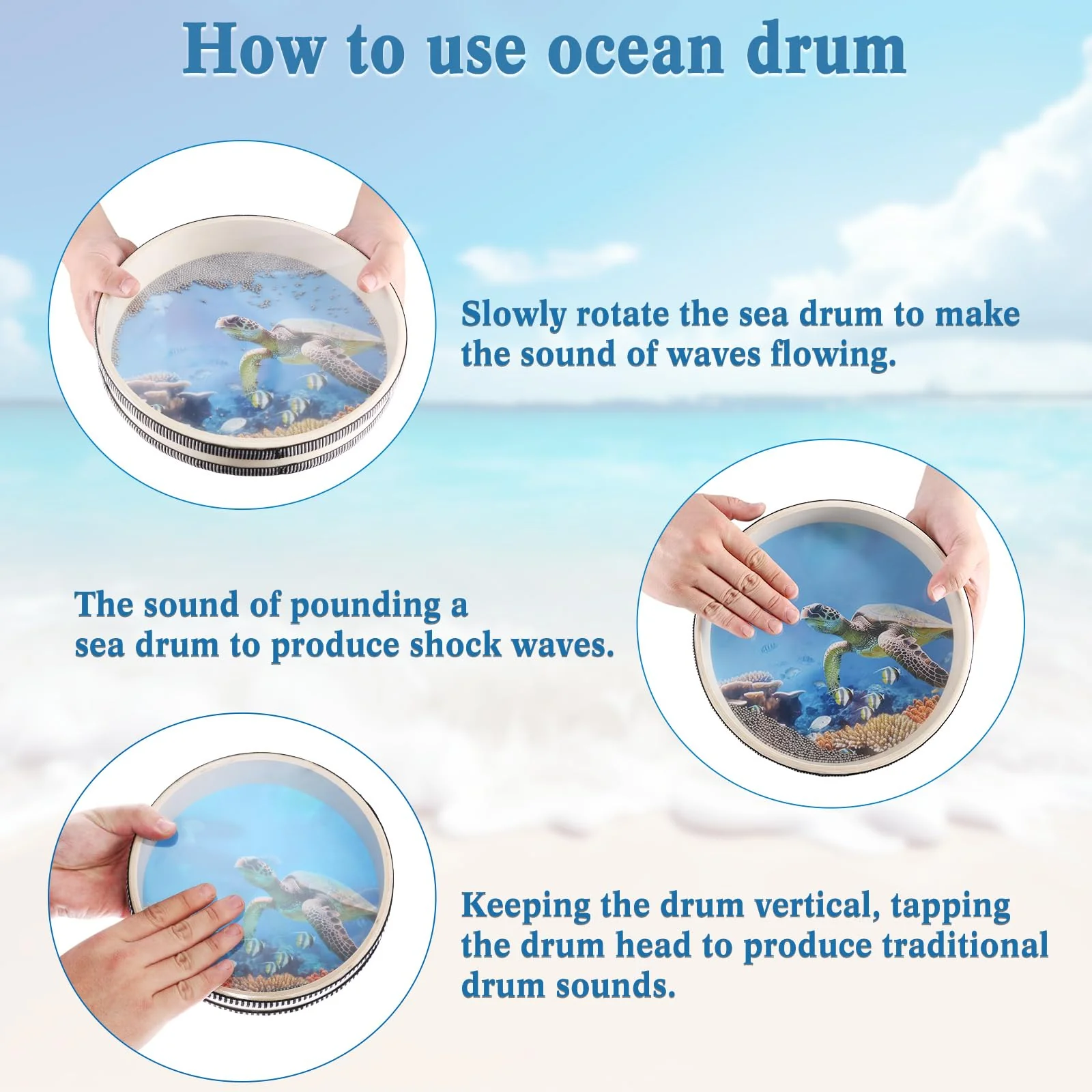 EASTROCK Wave Bead Ocean Drum Sea Sound Drum with Hardwood Shell Sound Healing Instruments Natural Color Musical Instrument Ocean Percussion for Meditation & Relaxation (8 inch + 10 inch) 8+10 inch - Image 4