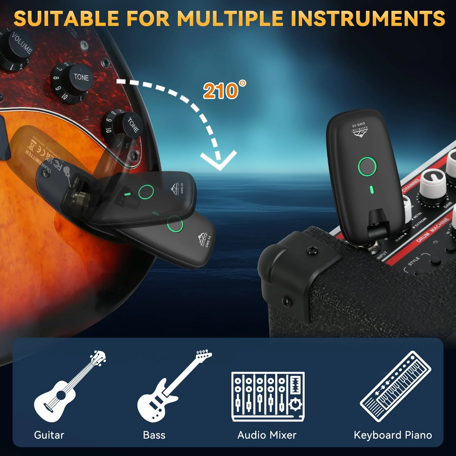 EASTROCK Wireless Guitar System – Black, UHF 7-Channel Rechargeable Transmitter & Receiver, 6H Battery, 1/4” & 1/8” Plug for Guitar & Bass - Image 2