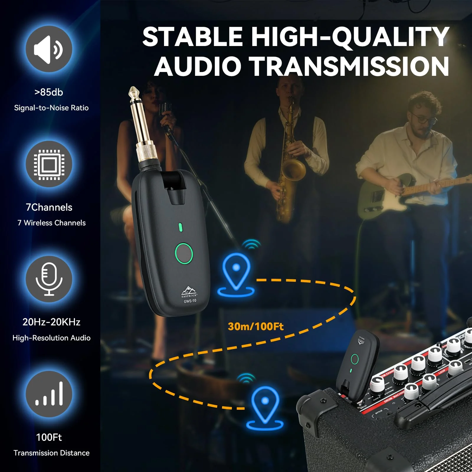 EASTROCK Wireless Guitar System – Black, UHF 7-Channel Rechargeable Transmitter & Receiver, 6H Battery, 1/4” & 1/8” Plug for Guitar & Bass - Image 3