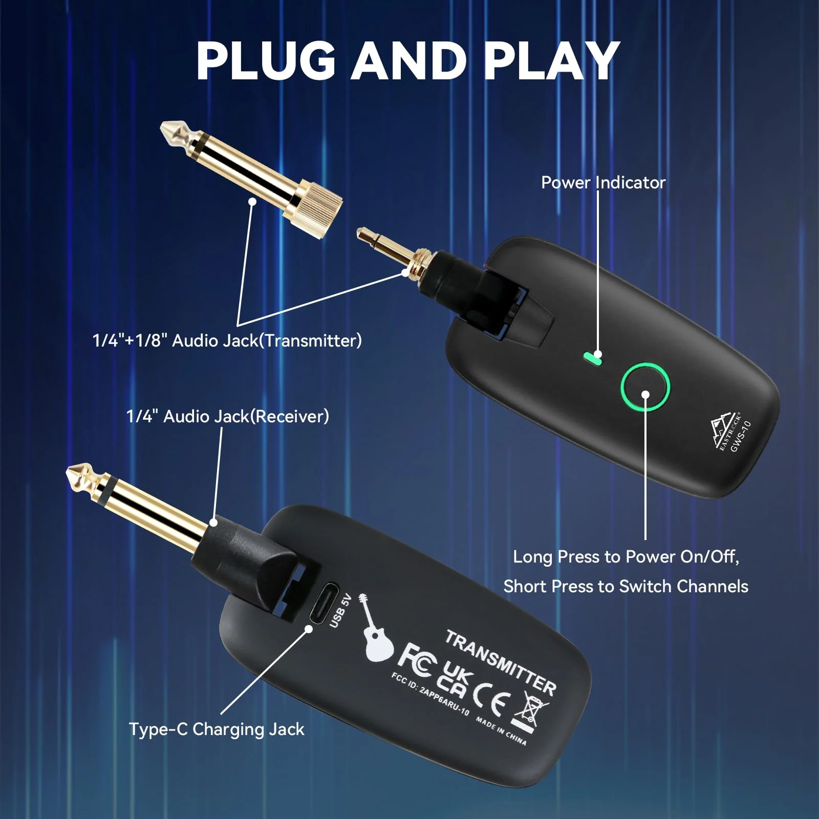 EASTROCK Wireless Guitar System – Black, UHF 7-Channel Rechargeable Transmitter & Receiver, 6H Battery, 1/4” & 1/8” Plug for Guitar & Bass - Image 5
