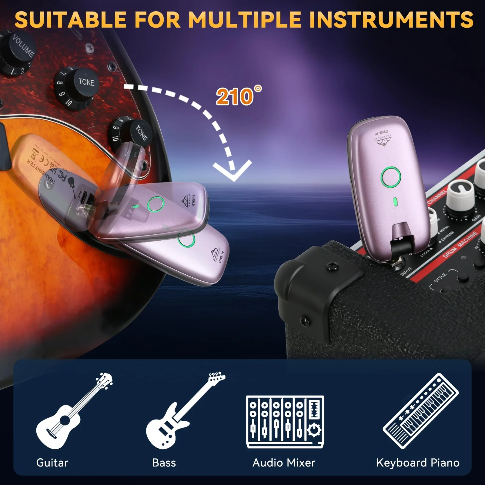 EASTROCK Wireless Guitar System – Purple, UHF 7-Channel Rechargeable Transmitter & Receiver, 6H Battery, 1/4” & 1/8” Plug for Guitar & Bass - Image 2