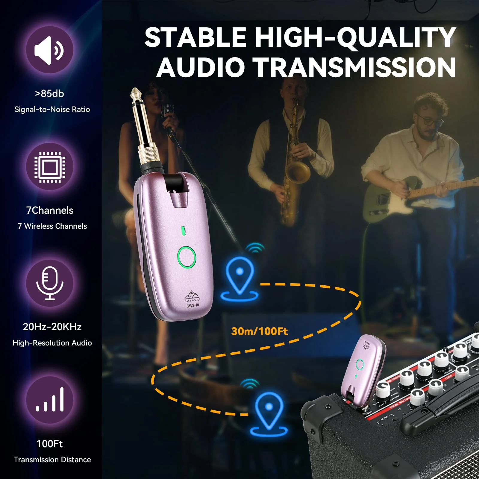 EASTROCK Wireless Guitar System – Purple, UHF 7-Channel Rechargeable Transmitter & Receiver, 6H Battery, 1/4” & 1/8” Plug for Guitar & Bass - Image 3