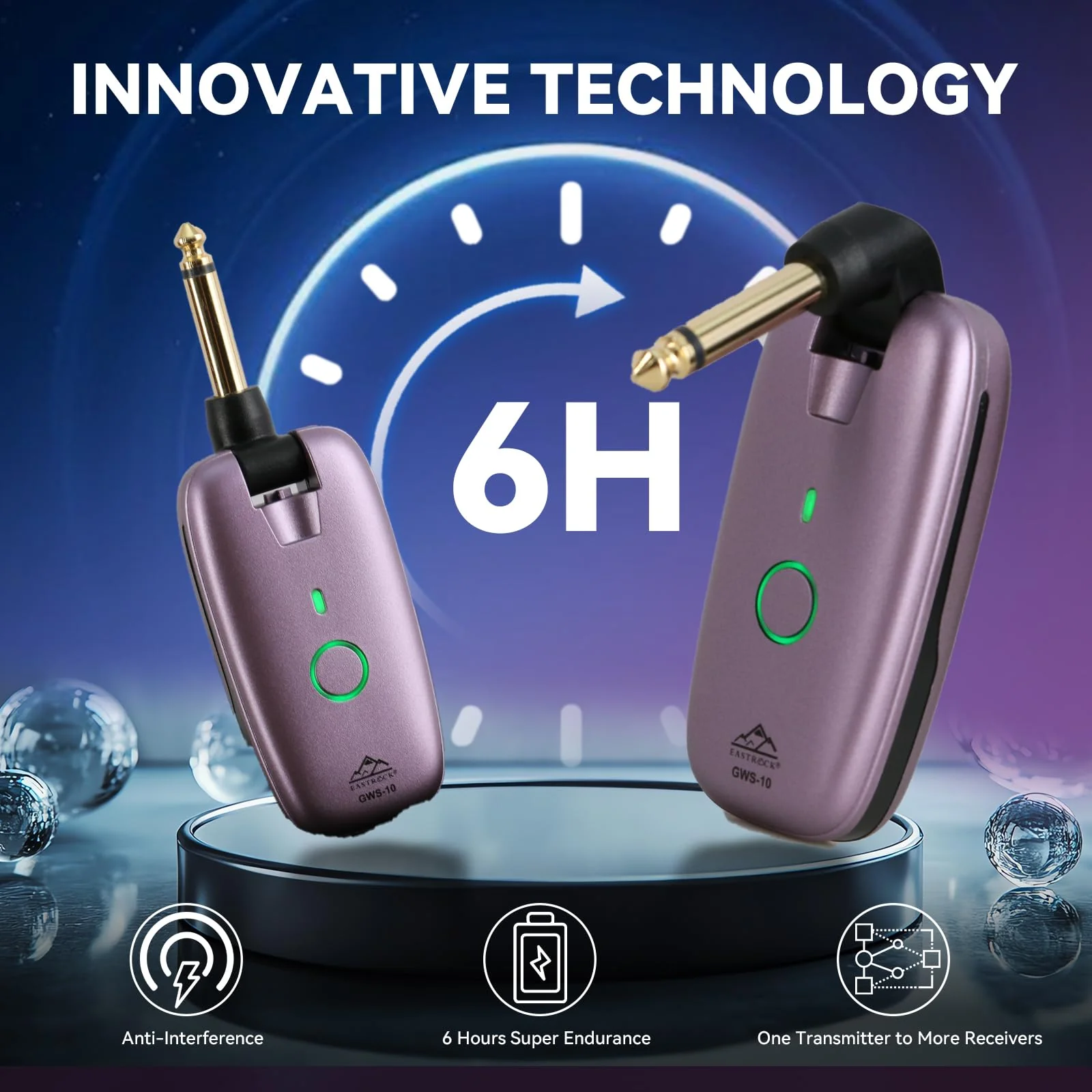 EASTROCK Wireless Guitar System – Purple, UHF 7-Channel Rechargeable Transmitter & Receiver, 6H Battery, 1/4” & 1/8” Plug for Guitar & Bass - Image 4