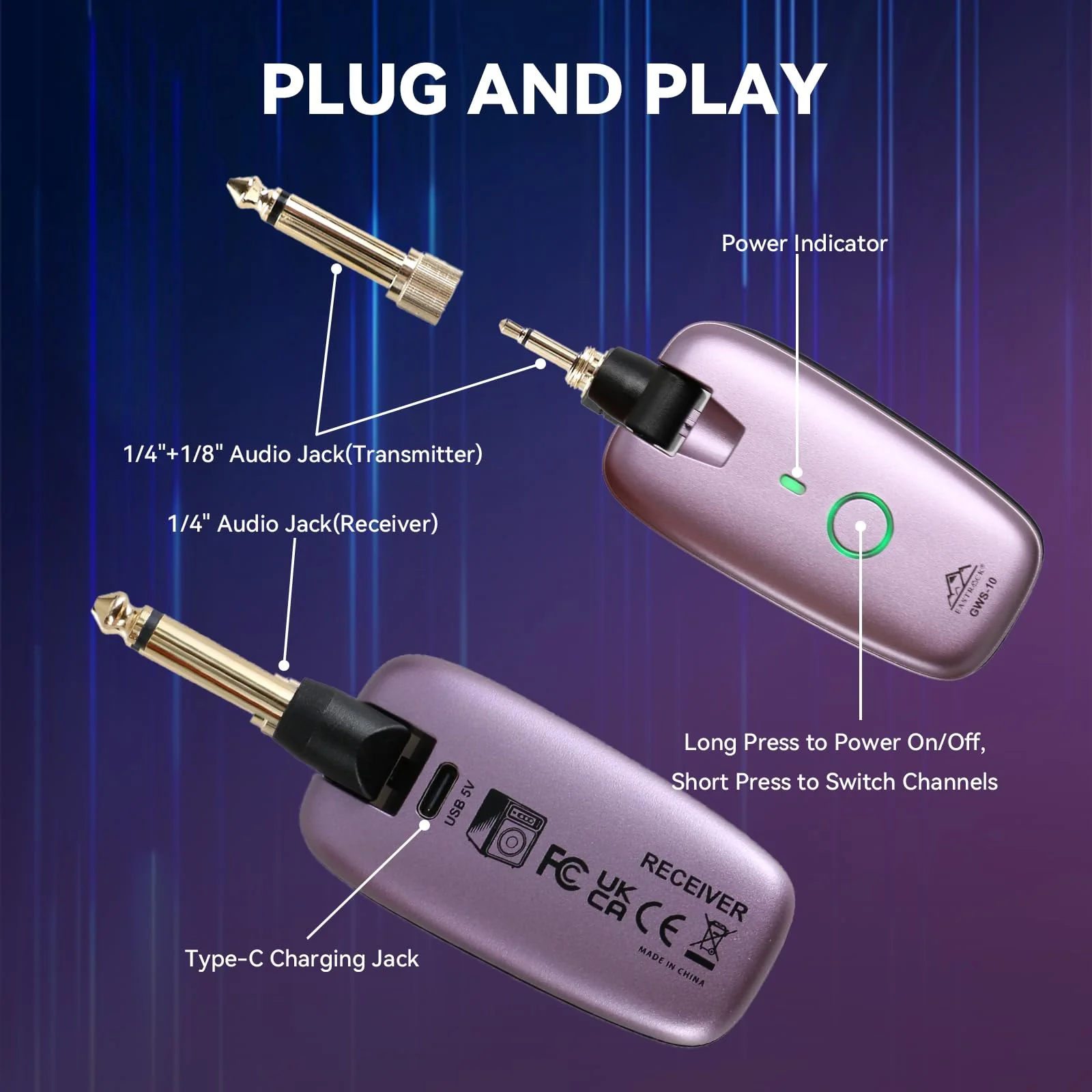 EASTROCK Wireless Guitar System – Purple, UHF 7-Channel Rechargeable Transmitter & Receiver, 6H Battery, 1/4” & 1/8” Plug for Guitar & Bass - Image 5